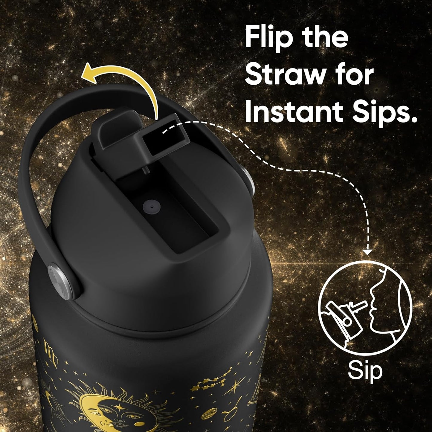 32 Oz Insulated Stainless Steel Water Bottle with Flip Straw and Handle, Leak Proof, Reusable, Wide Mouth Design - Golden Sparkle for Travel, Gym, and School