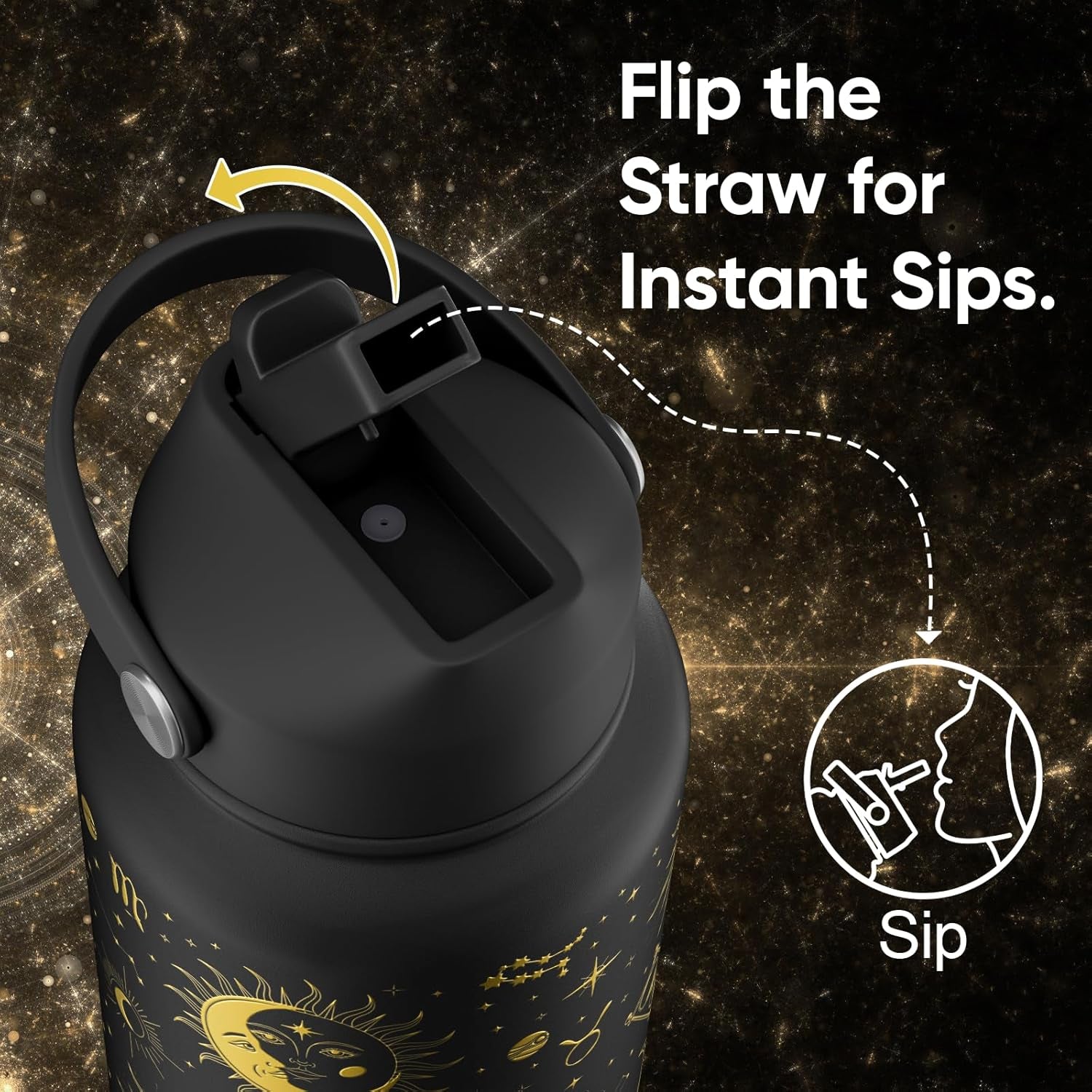 32 Oz Insulated Stainless Steel Water Bottle with Flip Straw and Handle, Leak Proof, Reusable, Wide Mouth Design - Golden Sparkle for Travel, Gym, and School