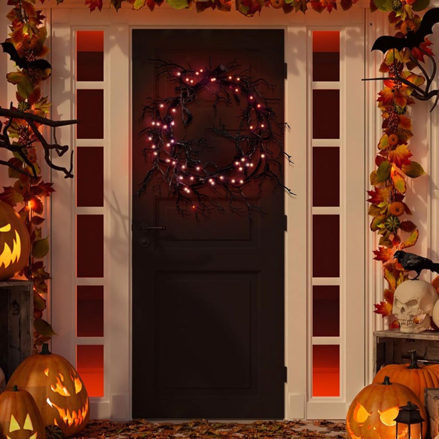Halloween Black Branch Wreath, 18 Inch Glitter Black Twig Tree Branches Halloween Wreaths with Lights for Front Door Wall Horror Table Decor for Home Window Farmhouse Party (Branch with Red Lights)