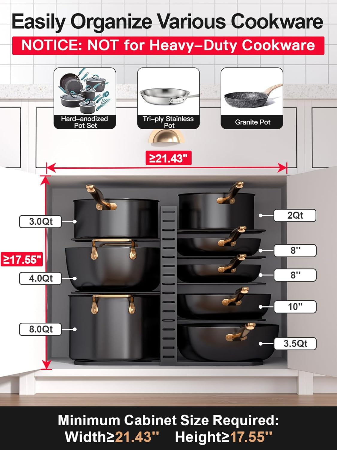 Pots and Pans Organizer Rack under Cabinet 14.55In Height, 8-Tier Kitchen Cabinet Organizers and Storage, Light-Duty Adjustable Pot Racks, Pan Organizers inside Cabinet with 3 DIY Methods