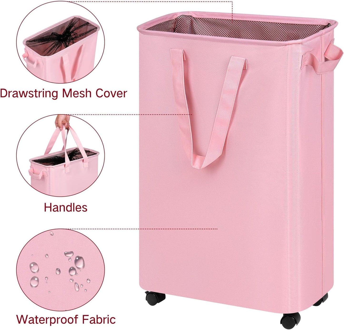 Slim Laundry Hamper with Wheels, Rolling Laundry Basket for Clothes, Small Laundry Basket for Bedroom, Dorm and Laundry Room, 60L (12.7 Gallons) Pink