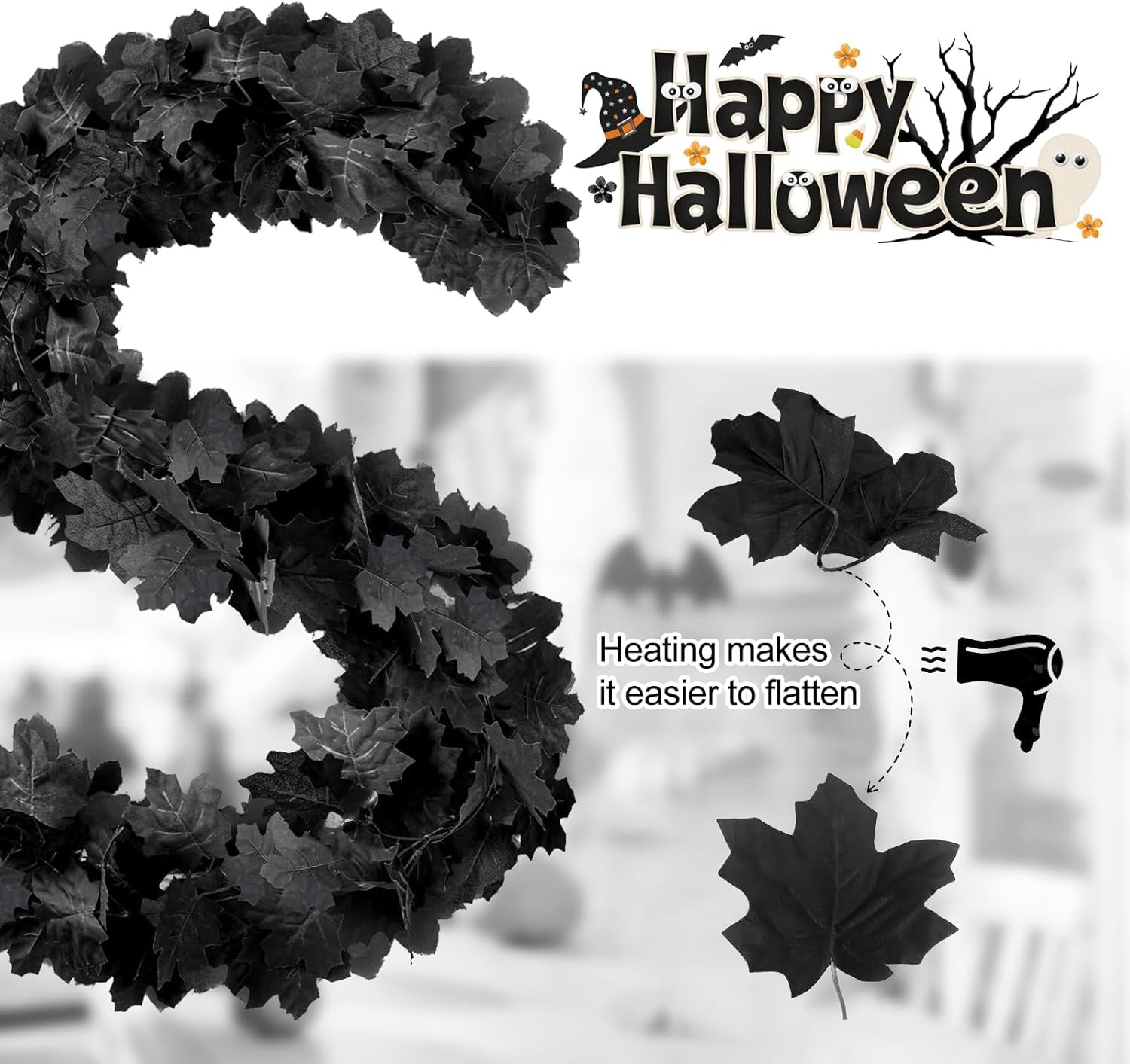 2 Pack Halloween Garland, 5.7FT Black Leaf Garland for Mantle, Artificial Hanging Black Maple Leaves Vines, Spooky Halloween Outdoor Floral, Haunted Mansion, Fireplace, Fall Decor