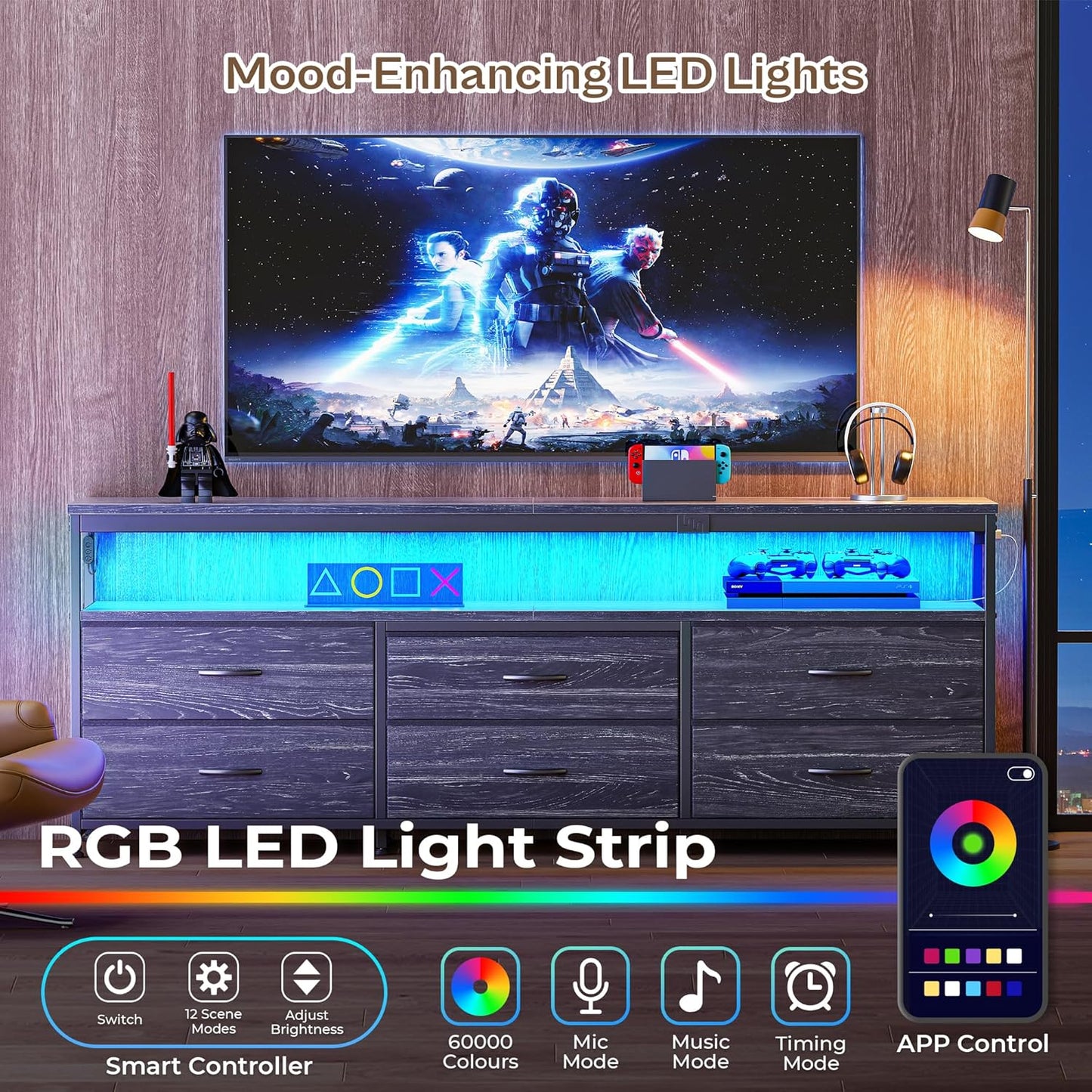 63-Inch Charcoal Black LED TV Stand for 55 to 70 Inch TVs, Multi-Functional Dresser with Power Outlets and Storage for Bedroom and Living Room