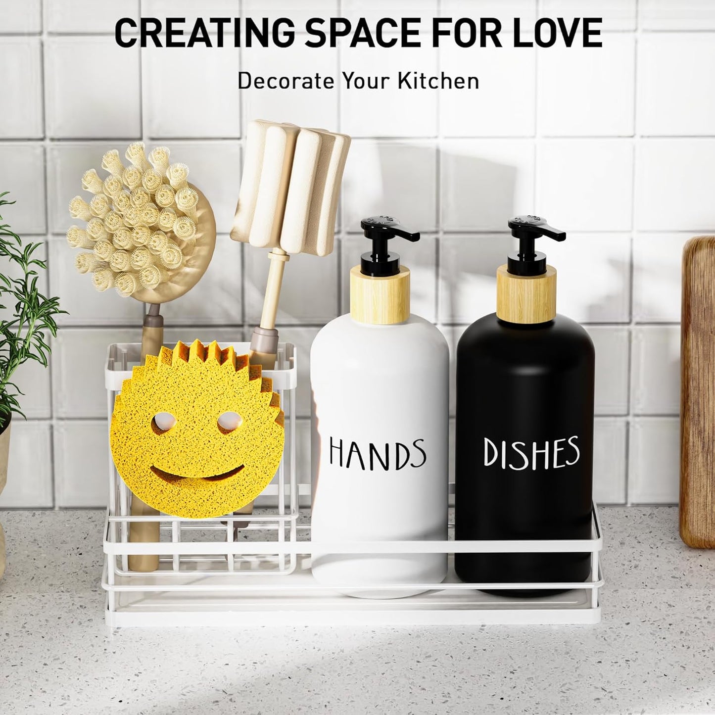 Kitchen Dish Soap Dispenser Set, 16OZ Glass Bottle, Hand and Dish Soap Dispenser Set, Instant Dry Tray, Non-Slip Silicone Pad, Brush Holder with Smiley Face Sponge Holder, Kitchen Decor