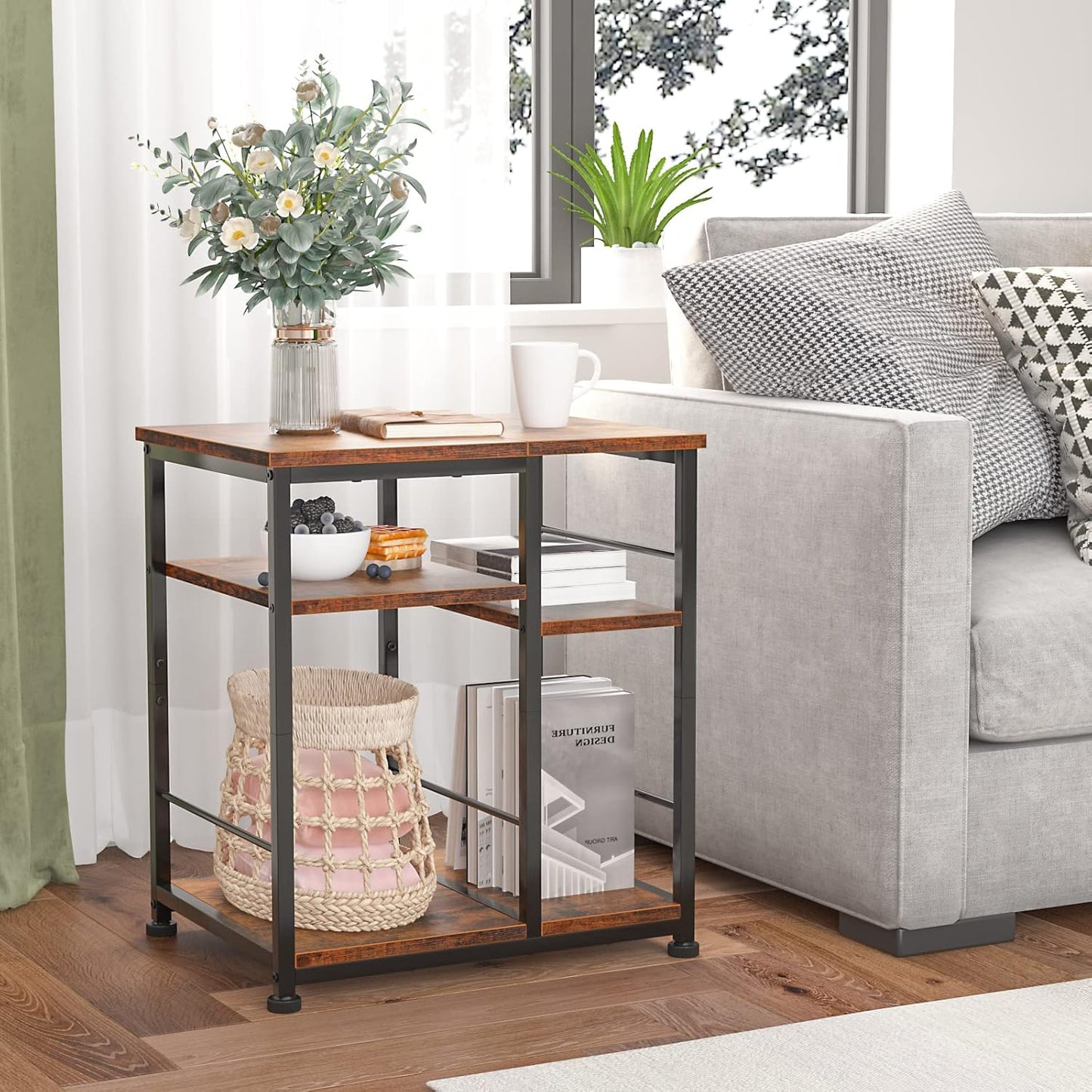 3 Tier Printer Stand for Home Office Organization, Mobile Printer Cart with Wheels and 2 Hooks, under Desk Shelf with Storage, for Living Room, Kitchen, Rustic Brown