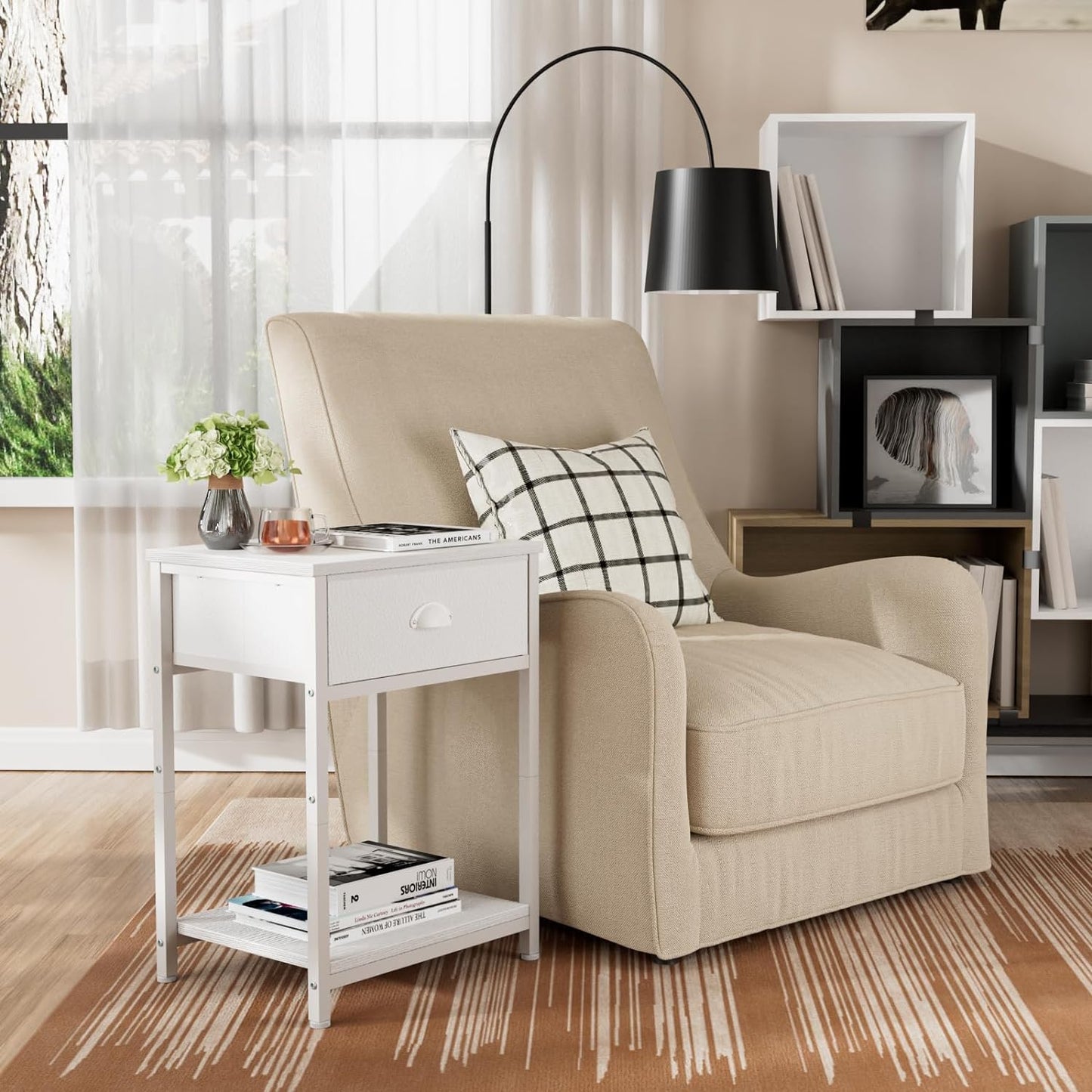 White Nightstand with Fabric Drawer, Small Side Table for Small Spaces, 2 Tiers Storage Shelves End Table, Night Stand for Living Room, Bedroom, Dorm