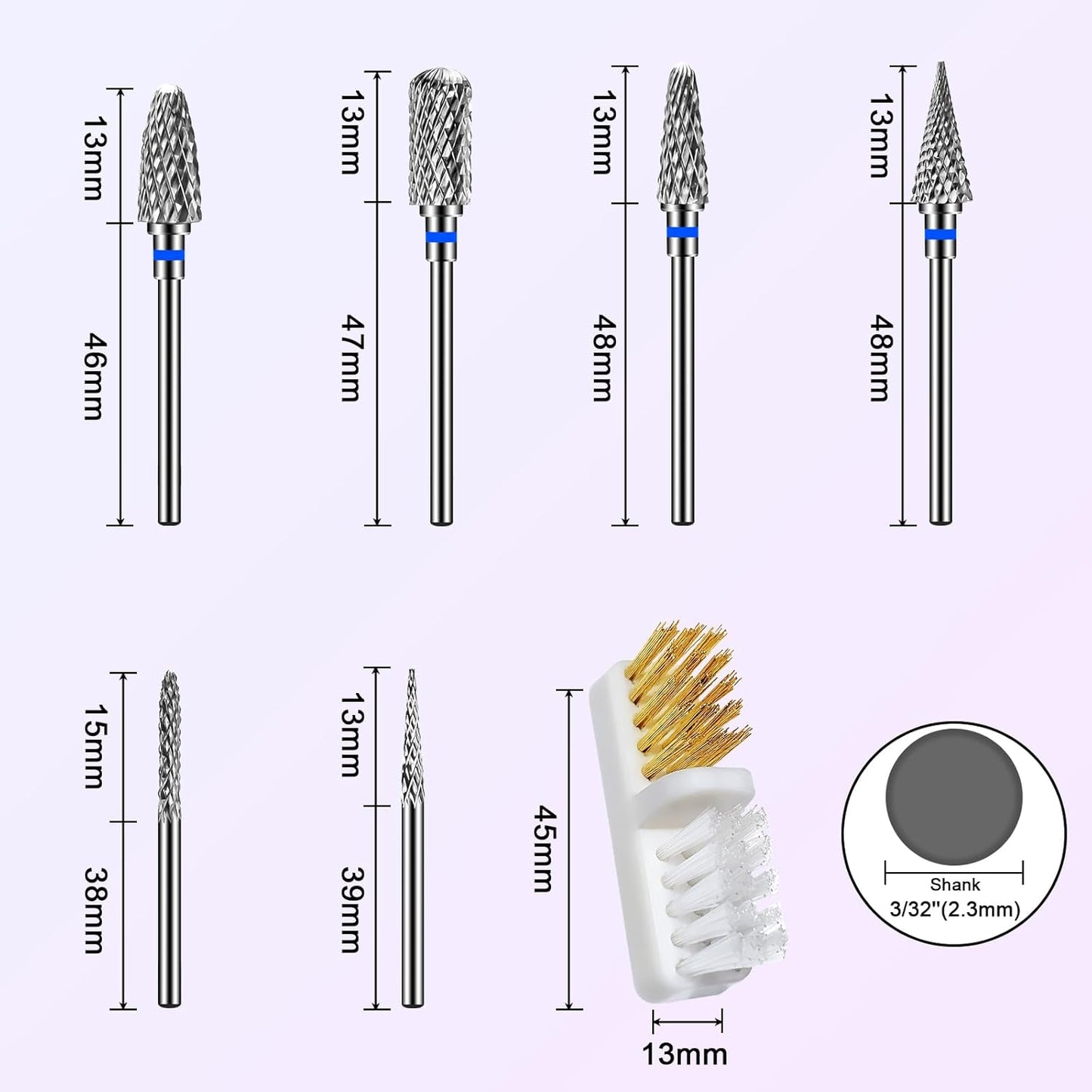 6 Pack Nail Drill Bits for Acrylic Nails, 3/32" Shank Drill Bits for Nails Professional Electric Cuticle Drill Bit, Cuticle Cleaner Nail Gel Polish Remover Tool for Home Salon Nail Bits-Blue