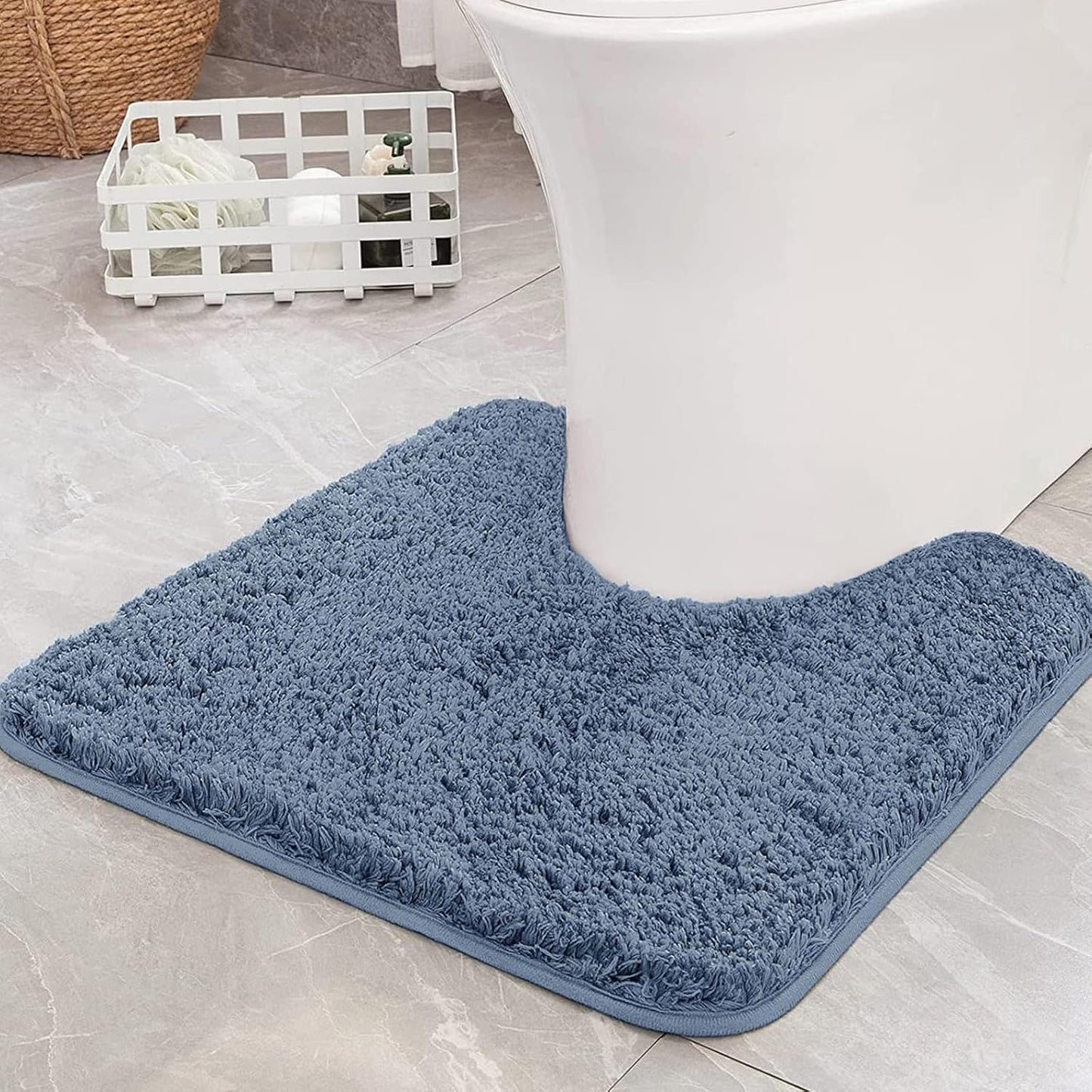 Microfiber U-Shaped Contour Bath Mat - Extra Thick, Soft, Absorbent, Non-Slip Rug for Bathroom Commode - Machine Washable (20x20 Inch, Dusty Blue)