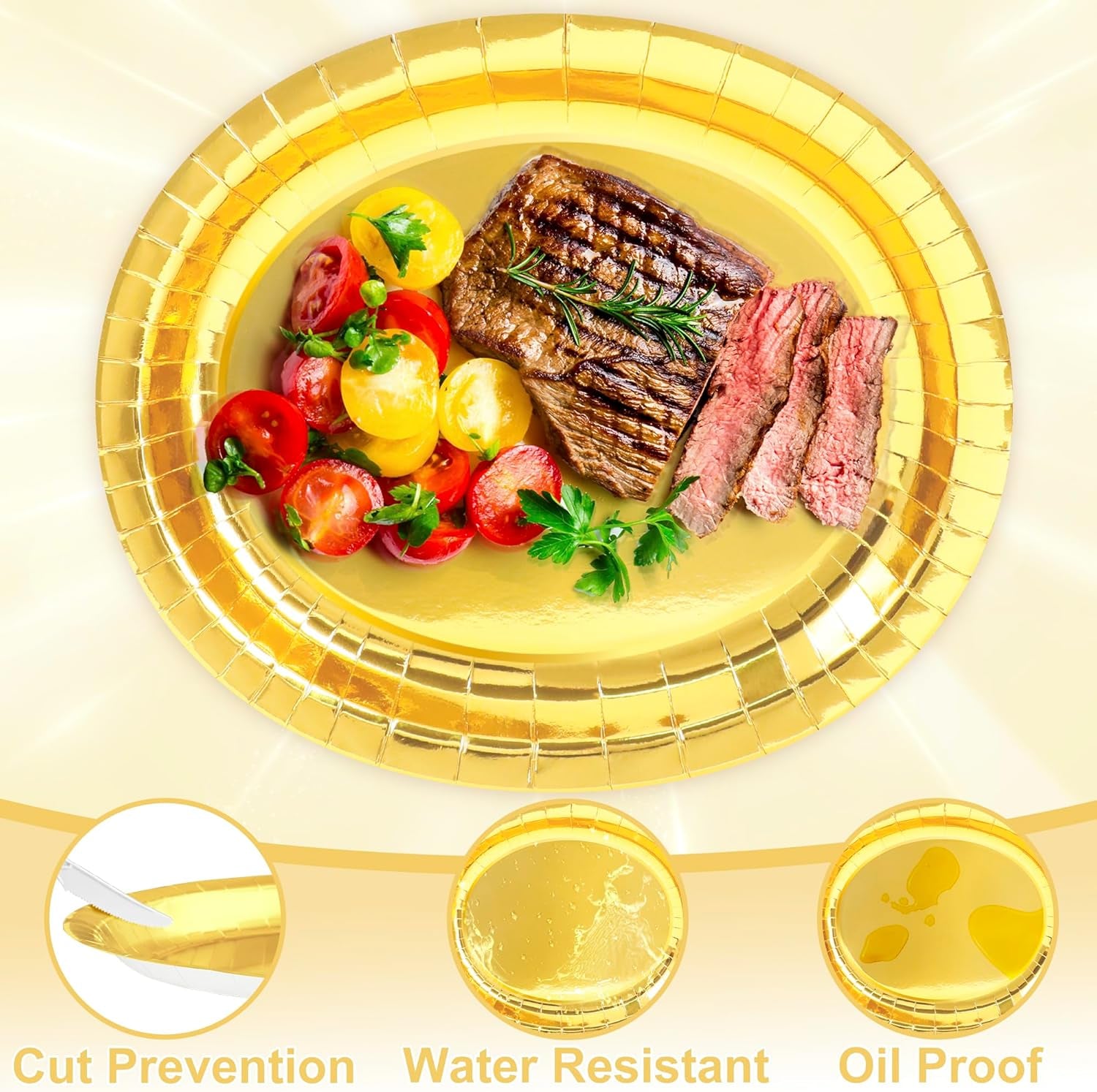 50 Pcs Gold Foil Paper Plates, 12.2'' X 10.2'' Oval Large Paper Plates, Dinner Plates Party Decorations Disposable Plates for Birthday Wedding Picnic Graduation Ceremony Anniversary Daily Use