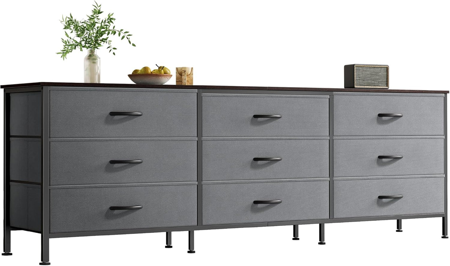 63-Inch Bedroom Dresser with 9 Drawers, Versatile Entertainment Center for 55-70 Inch TVs, Walnut and Dark Grey Finish