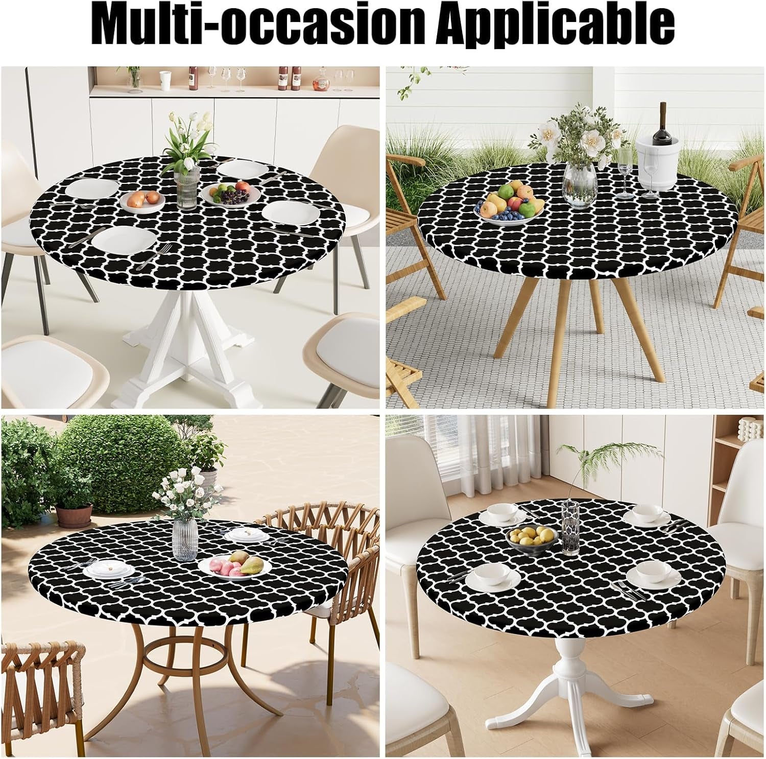 round Picnic Tablecloth, Waterproof Elastic Fitted Table Covers for 36" - 44" Tables, Wipeable Flannel Backed Vinyl Tablecloths for Camping, Indoor, Outdoor, Black & White