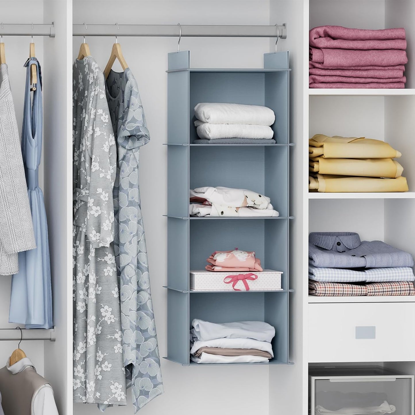 Hanging Closet Organizer, 4-Shelf Closet Hanging Shelves, Grey