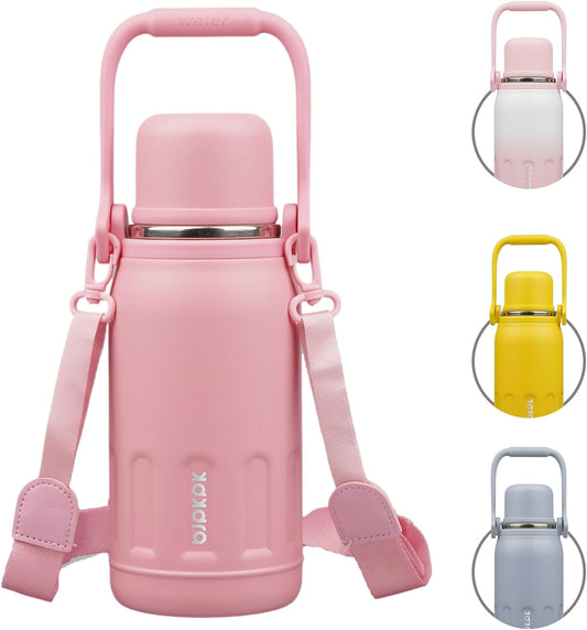 Insulated Water Bottle 27Oz Stainless Steel Water Bottles with Handle and Cup Lid Travel Metal Thermal Flask,Light Pink