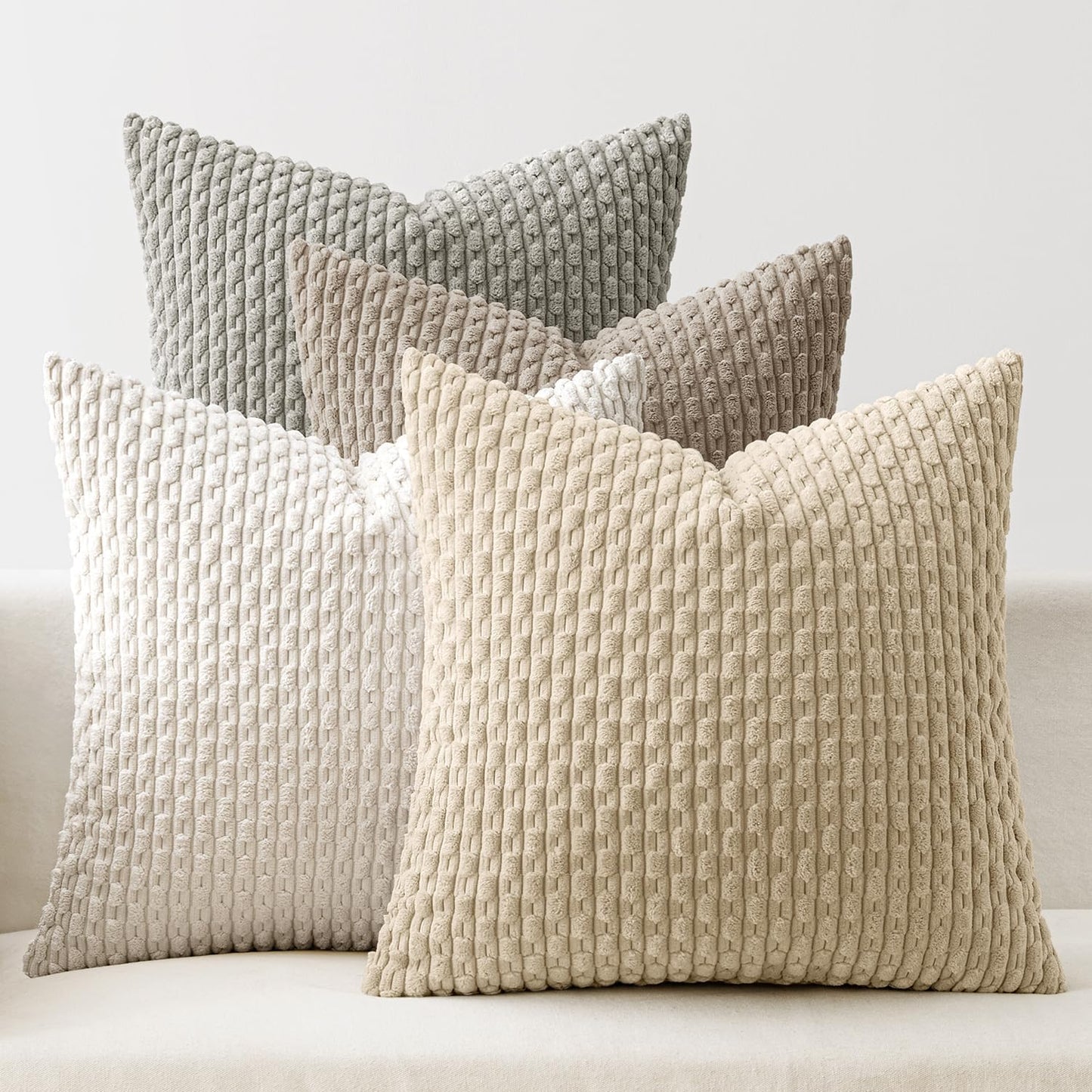 Throw Pillow Covers Soft Couch Decorative Set of 4 Boho Striped Cushion Corduroy Pillowcases Farmhouse Rustic Mid Modern Home Decor for Couch Bed Sofa Living Room 18X18 Inch Neutral Harmony