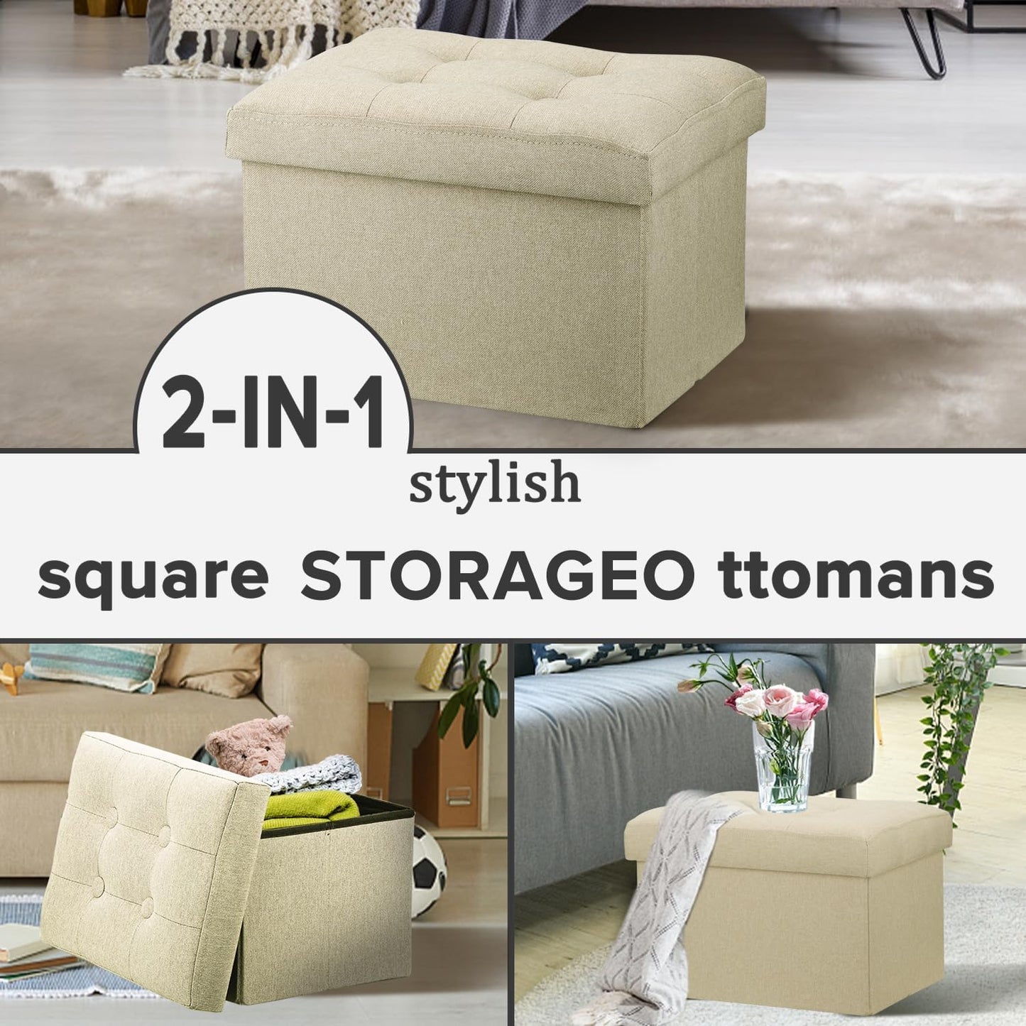 Small Folding Ottoman with Storage - Beige Linen Footrest Stool for Under Desk, 16"x12"x12