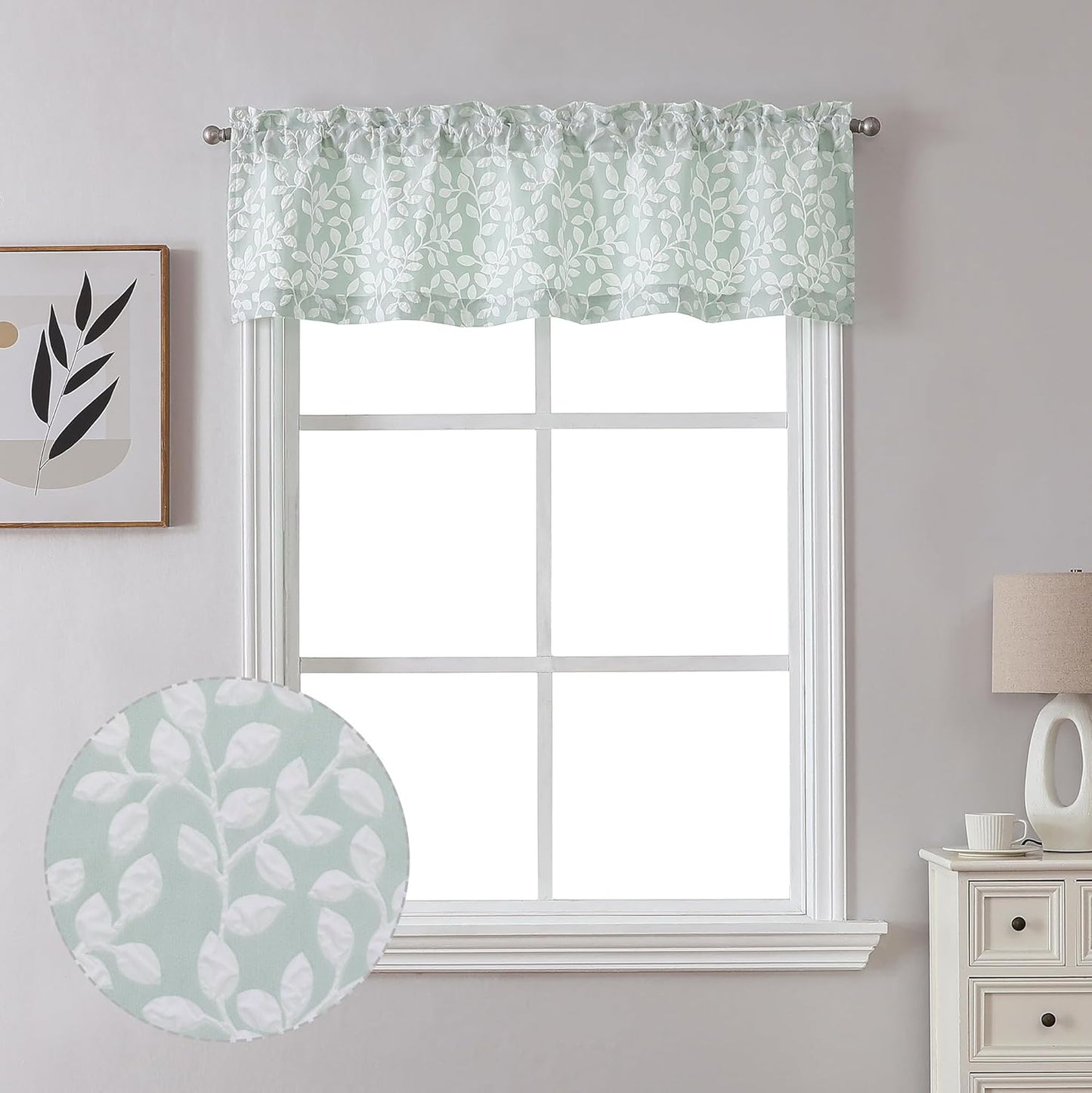 Anna White Green Valances for Windows 14 Inches Long 1 Pieces, Light Filtering Soft 3D Embossed Textured Fabric Curtains for Bedroom Basement Small Windows, 56Wx14L Inches