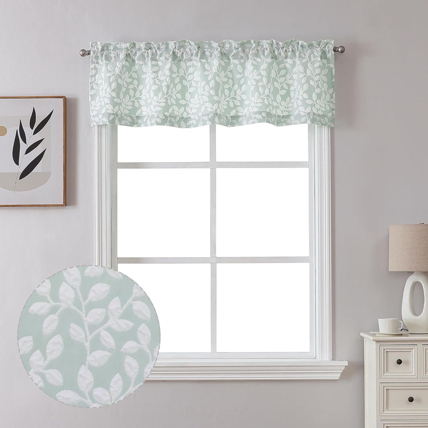 Anna White Green Valances for Windows 14 Inches Long 1 Pieces, Light Filtering Soft 3D Embossed Textured Fabric Curtains for Bedroom Basement Small Windows, 56Wx14L Inches