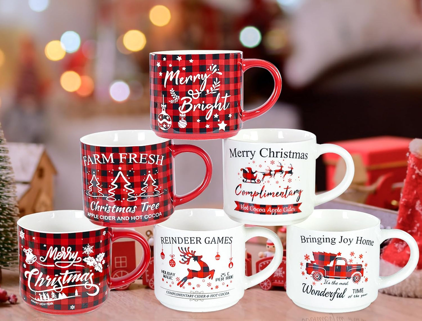 Christmas Mug Set of 6, 16Oz Red Black Plaid Christmas Coffee Mug, Christmas Table Centerpieces Decor Stackable Christmas Coffee Mug as Christmas Gifts for Family, Friends and Colleagues