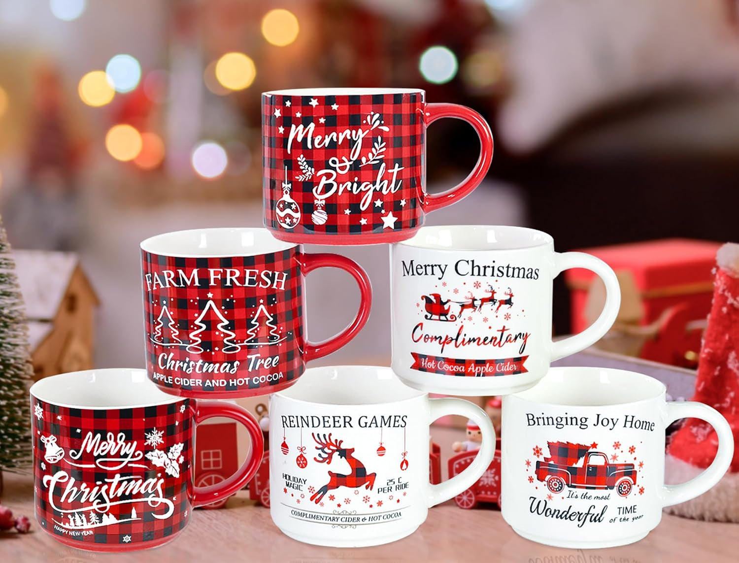 Christmas Mug Set of 6, 16Oz Red Black Plaid Christmas Coffee Mug, Christmas Table Centerpieces Decor Stackable Christmas Coffee Mug as Christmas Gifts for Family, Friends and Colleagues