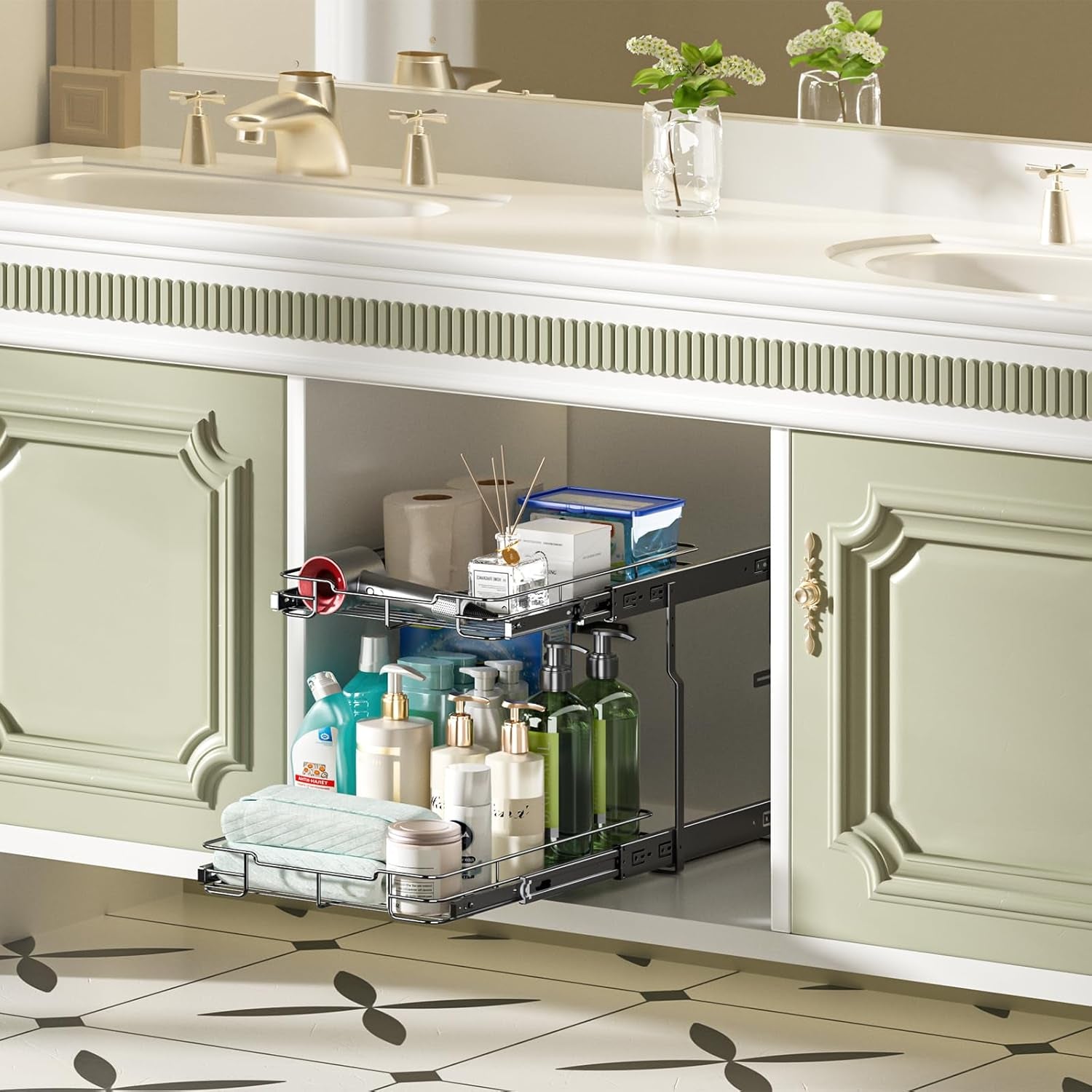 Pull Out Cabinet Organizer, Heavy Duty Cabinet Shelf Organizers, 2 Tier Cabinet Slide Out Shelves for Kitchen, Pantry, Bathroom, 14" W X 21" D