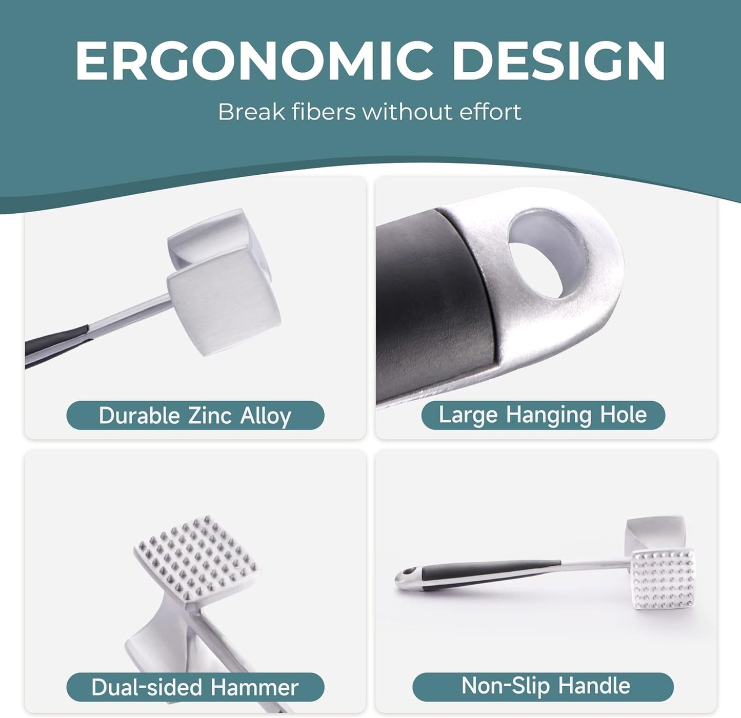 Meat Tenderizer Hammer with Comfortable-Grip Handle, Dual-Side Mallet for Kitchen, Heavy Duty Pounder for Tenderizing Steak, Beef and Fish