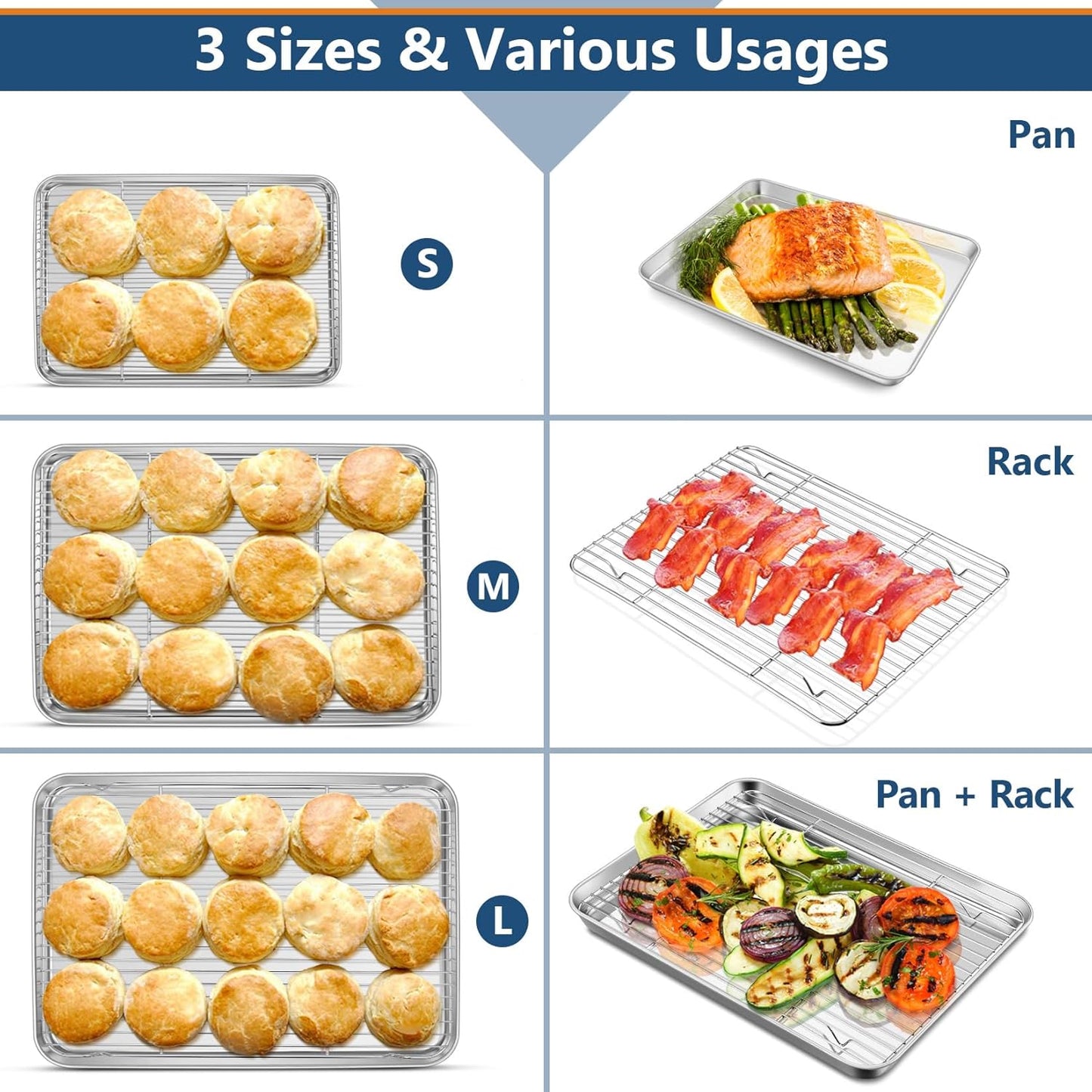 17.5 + 16 + 10.4 Inch Baking Sheets with Racks Set, Stainless Steel Baking Cookie Sheet Oven Pan and Cooling Rack, Healthy & Easy Clean, Oven & Dishwasher Safe, 3 Sizes & 6Pcs