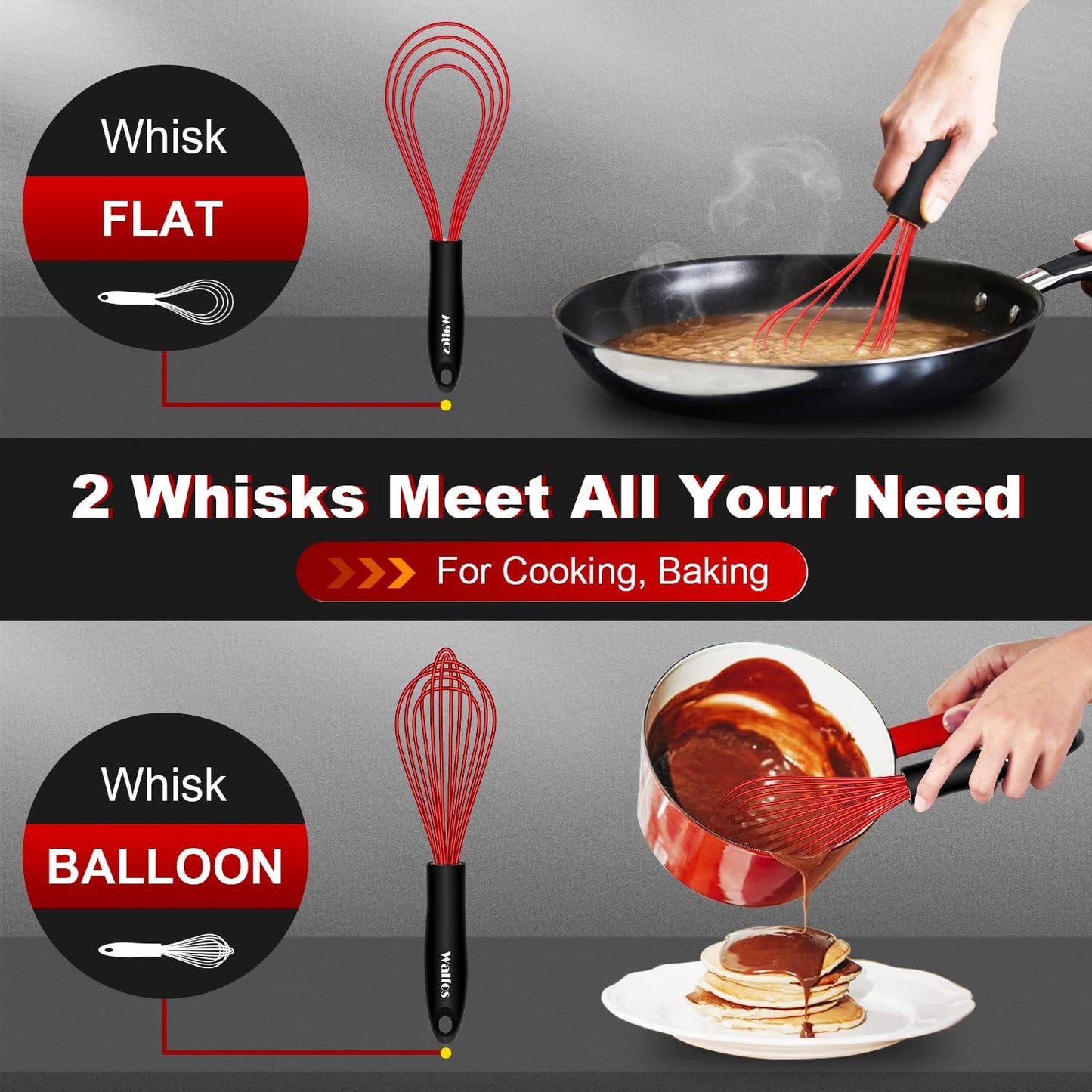 Whisk,Silicone Whisks 11'' Flat Whisk and 7''+9''+11'' Balloon Wisk Set for Blending Beating Stirring and Kitchen Cooking.Bpa Free and Heat Resistant 480°F.Red