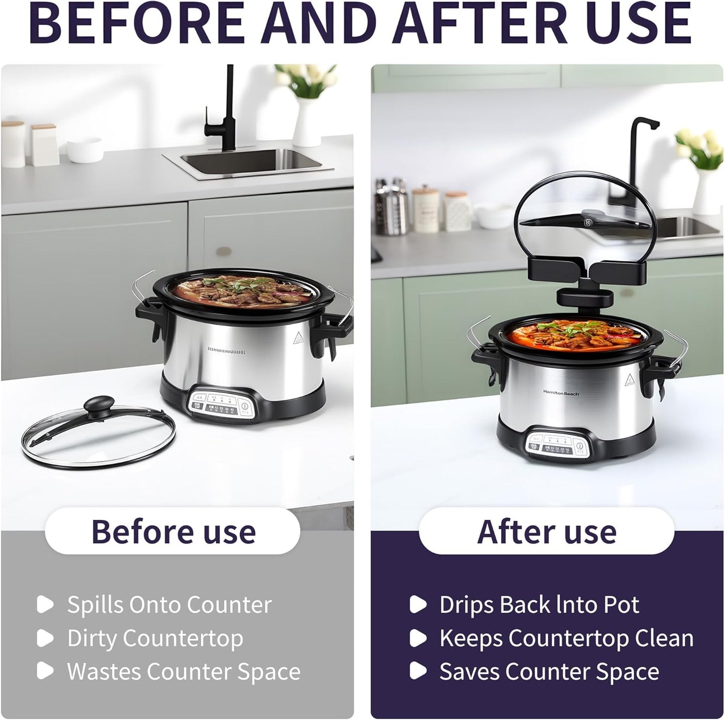 Crock Pot Lid Holder with Fast-Drying Diatomite Stone - Universal Fit for Most Slow Cookers, Space-Saving Cooking Accessory in Black