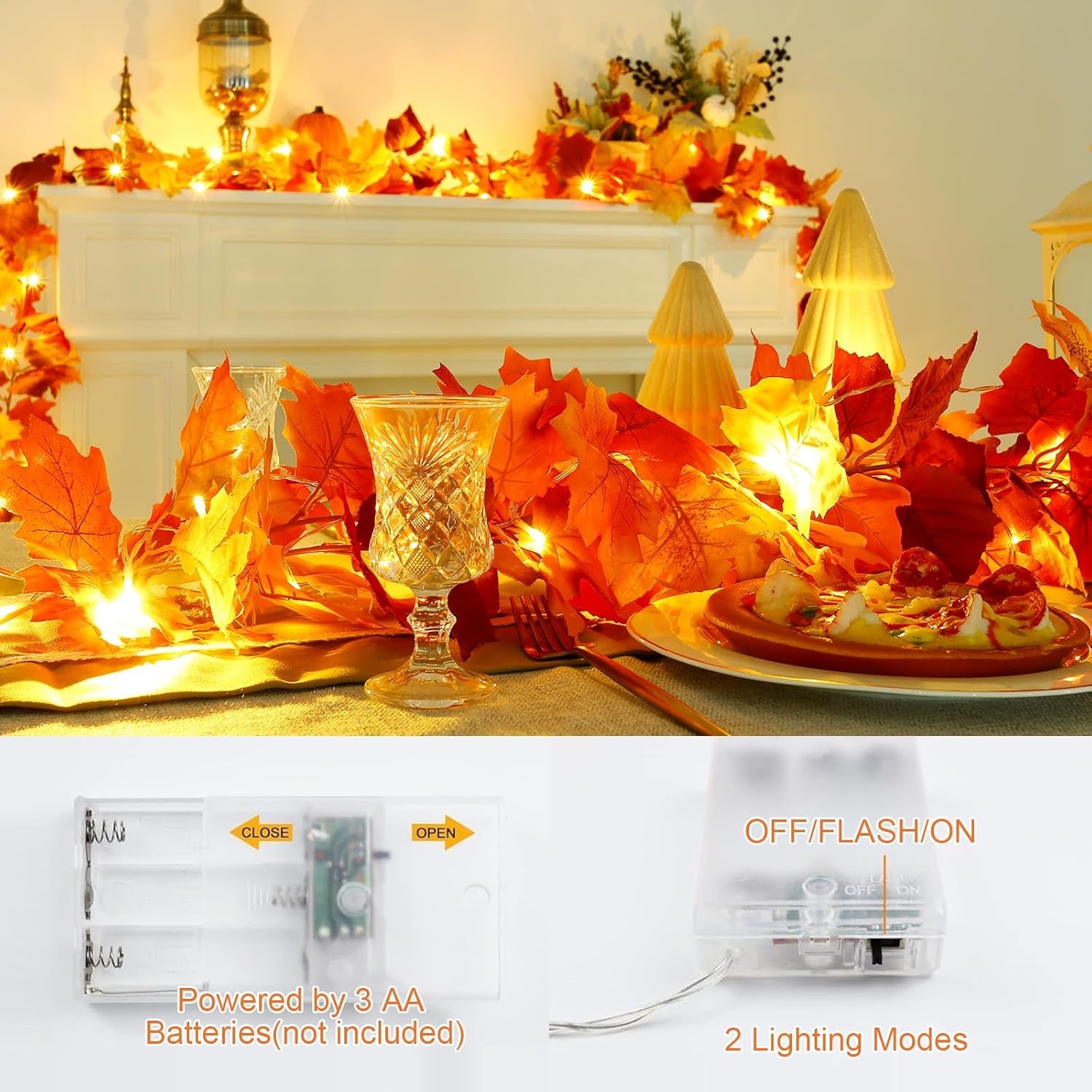 2 Pack Fall Garland with Lights, Fall Leaves for Mantle, Outdoor Lighted up Leaf Garland Autumn Decor with 6.5FT LED String Lights, Hanging Maple Leaves for Door, Thanksgiving Decor