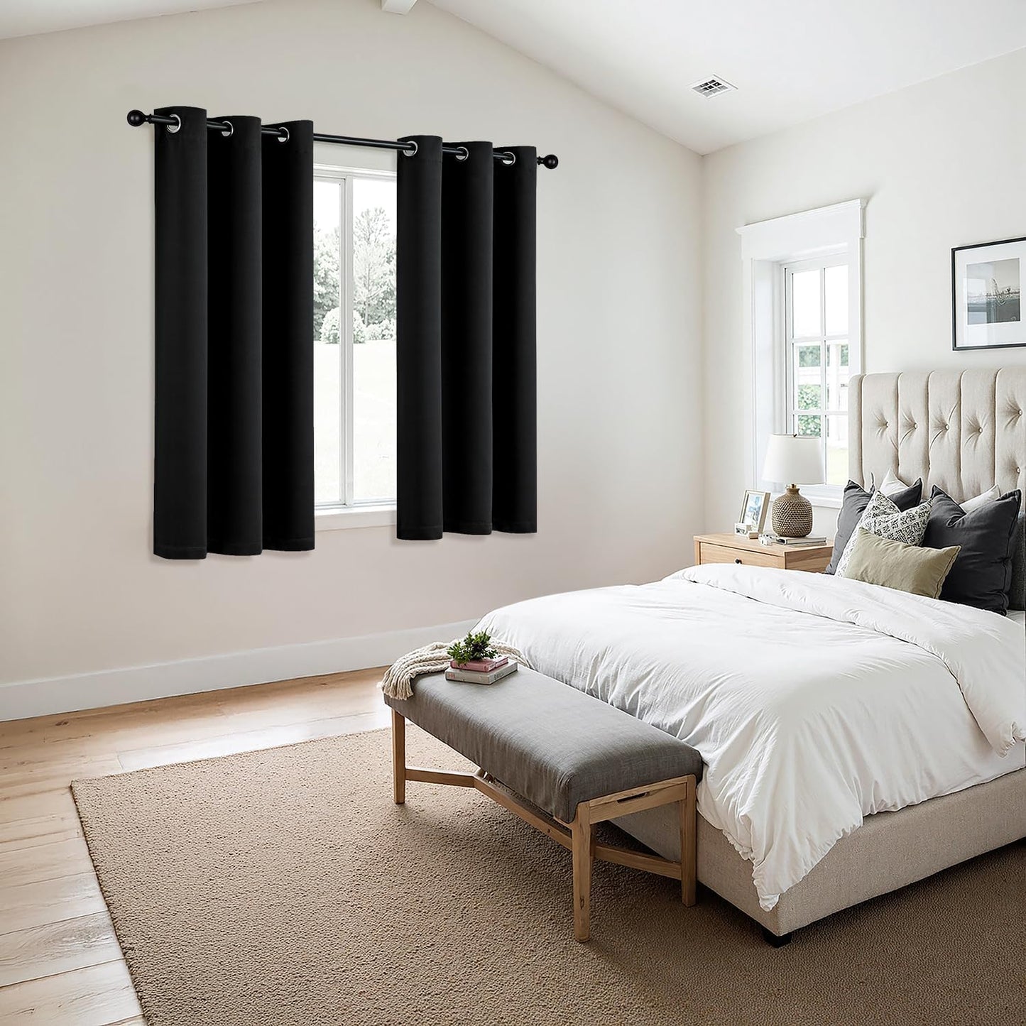 Black Blackout Curtains for Bedroom Living Room 63 Inches Long 2 Panels, Thermal Insulated Room Darkening Drapes Solid Grommet Top Noise Reduction Light Blocking Halloween Window Treatments