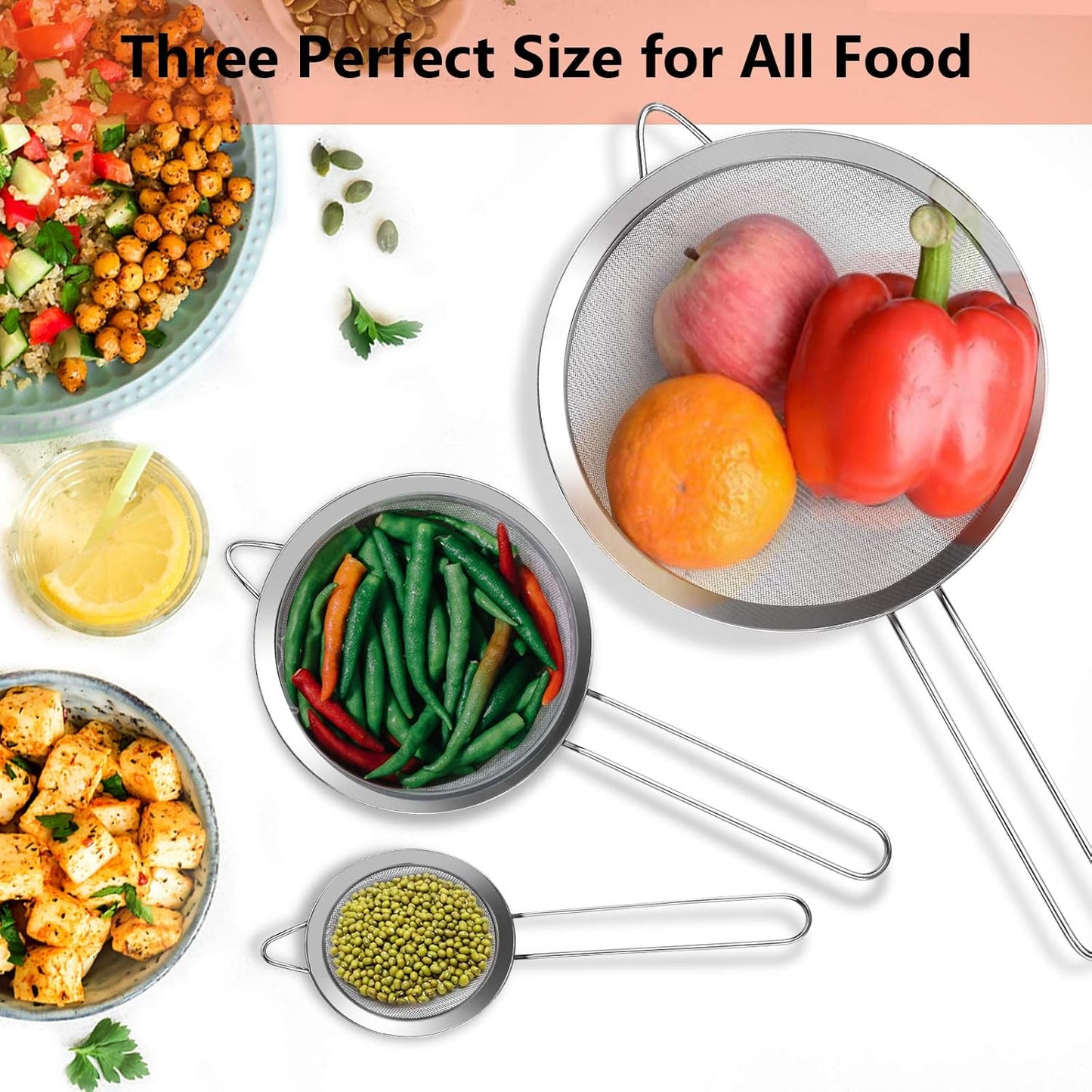 3Pcs Super Wire Extra Fine Mesh Strainer with Handle, Small Medium Large Size Sifter Metal Strainer Set, Stainless Steel Sieve Fine Mesh Strainers for Kitchen Rice Juice Quinoa Food Flour Baking