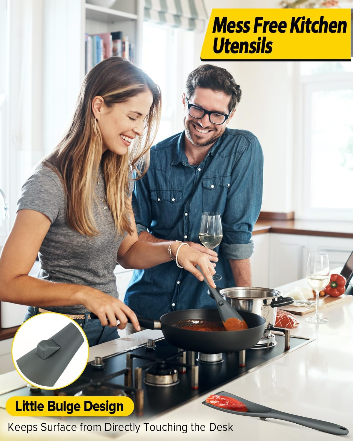 Pack of 2 Cooking Spoons for Non Stick Cookware, Multifunction Spatula Spoon Bpa-Free, One-Piece Design, Suitable for Scooping, Scraping, Serving and Mixing(Gray-Blue)