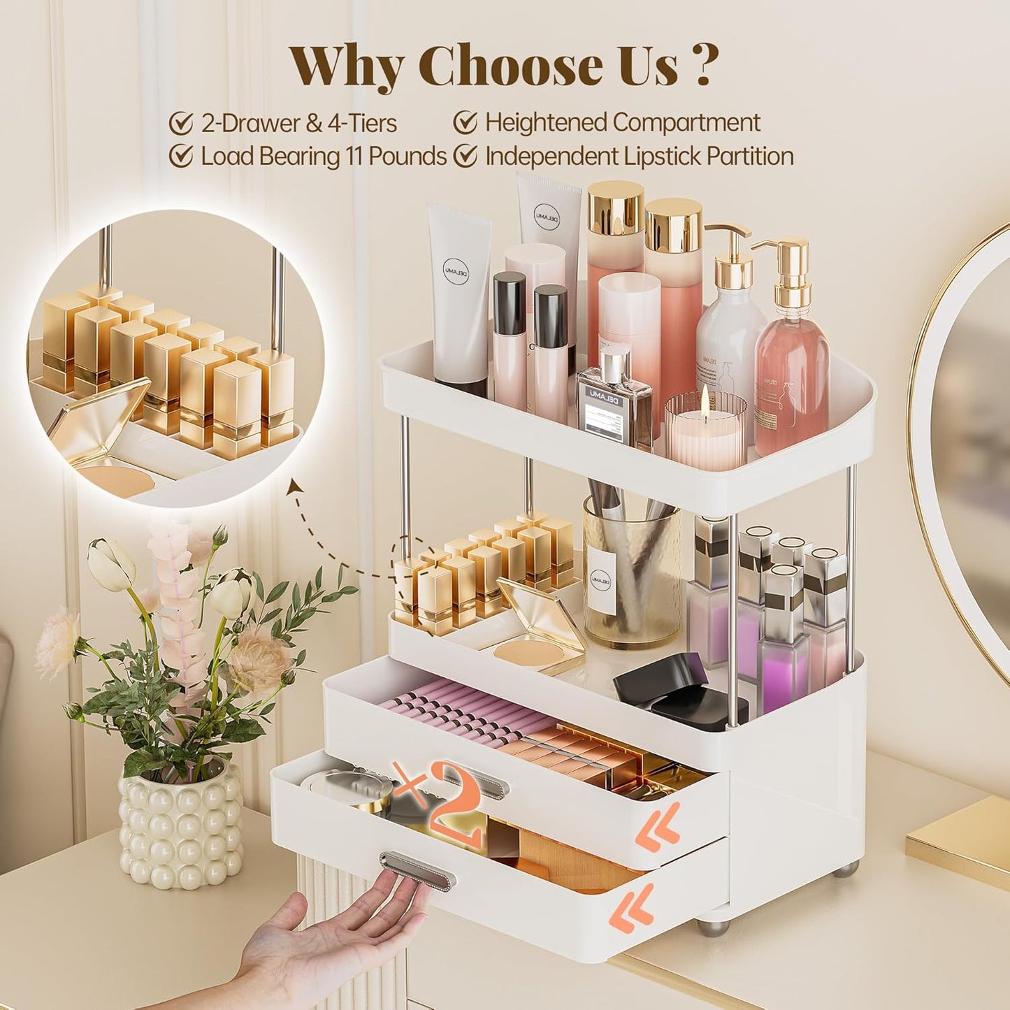 Bathroom Counter Organizer with Lipstick Holder, Acrylic 4-Tier 2-Drawers Makeup Organizer, Bathroom Organizers and Storage for Vanity, Office Supplies, Perfume, Skincare, Face Mask, White