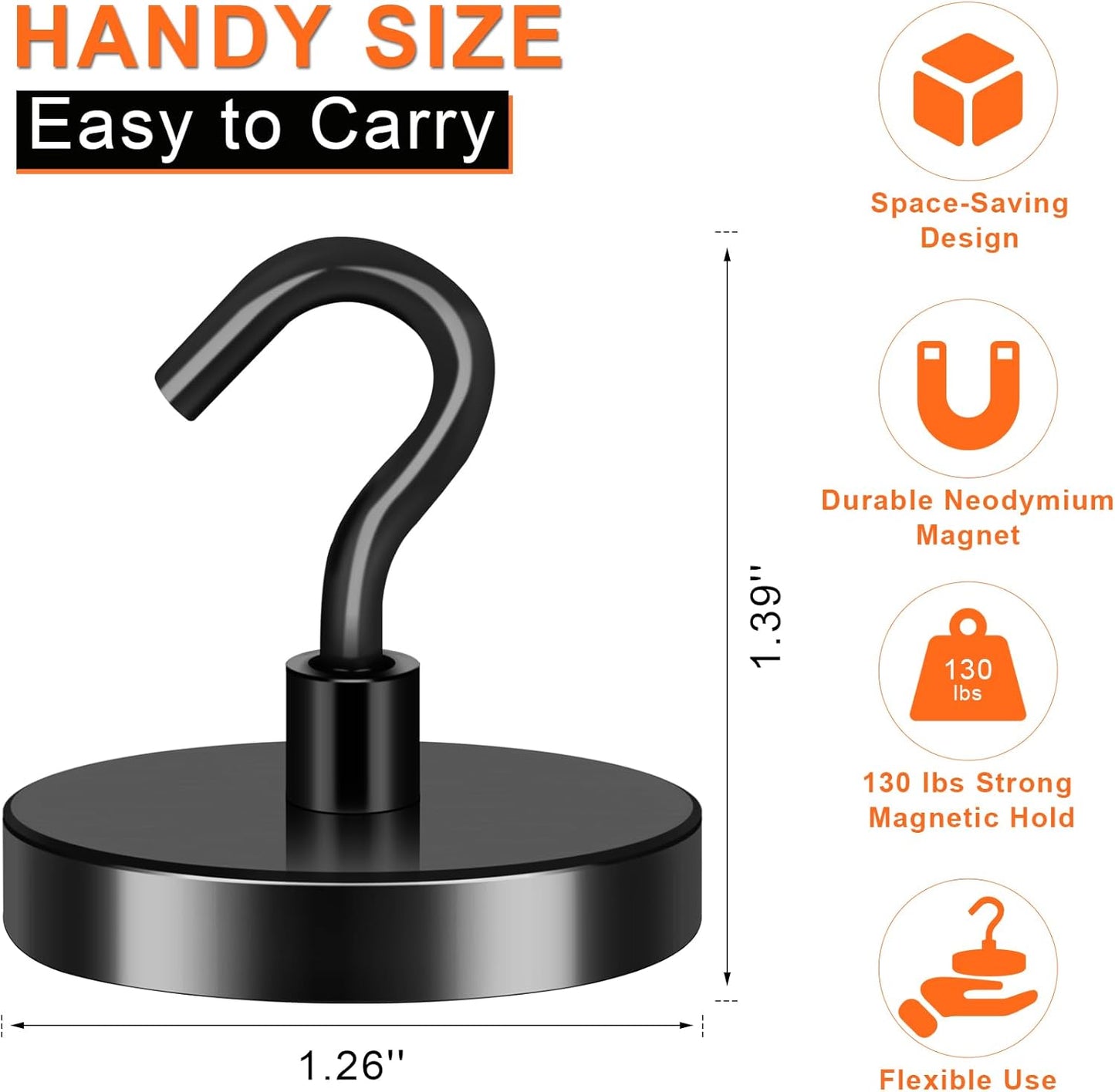 Heavy-Duty Magnetic Hooks, 130 lbs Capacity - Pack of 4, Ideal for Cruise Cabins, Refrigerators, Home, Office, and Grilling (Black)