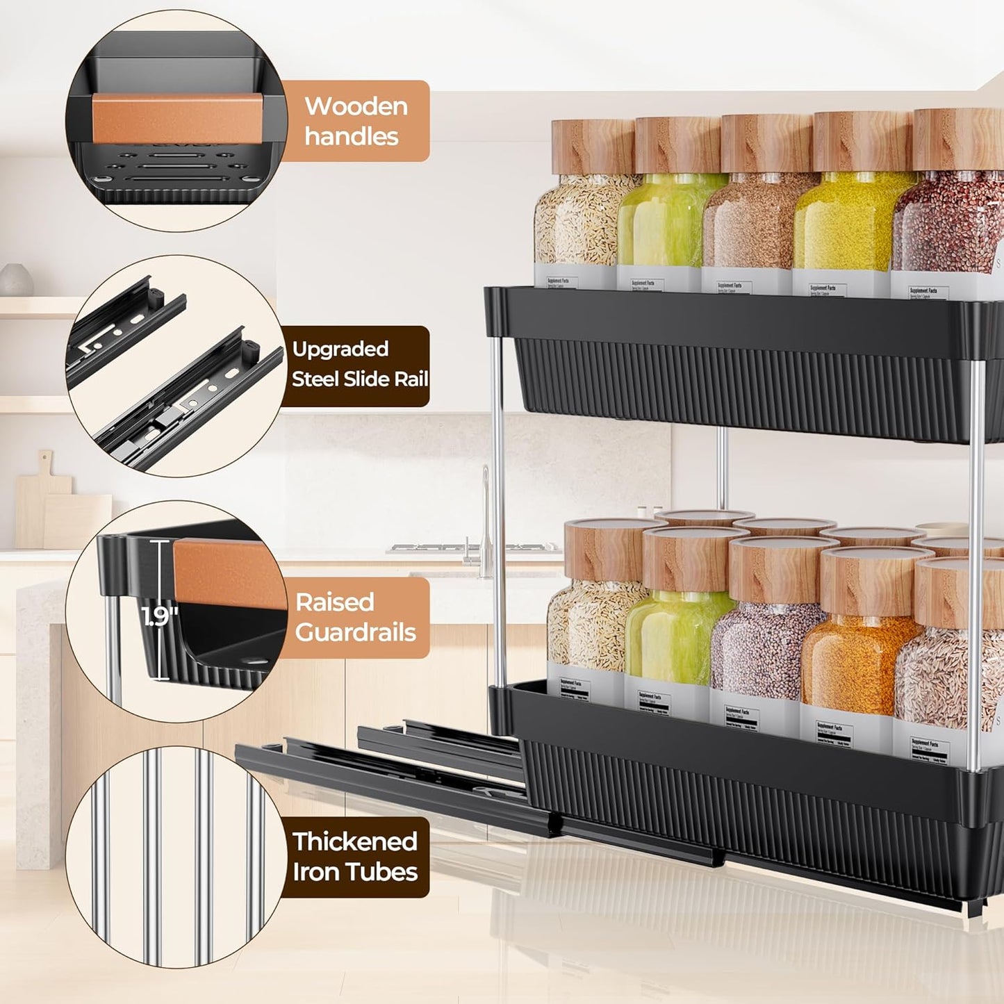 2 Pack Pull Out Spice Rack Organizer for Cabinet, 2 Tier Slide Out Spice Organization, Vertical Spice Organizer, Cabinet Size Need:12.5'' High X 11'' Deep X 5.5'' Wide(Not for Cabinet with Lip)
