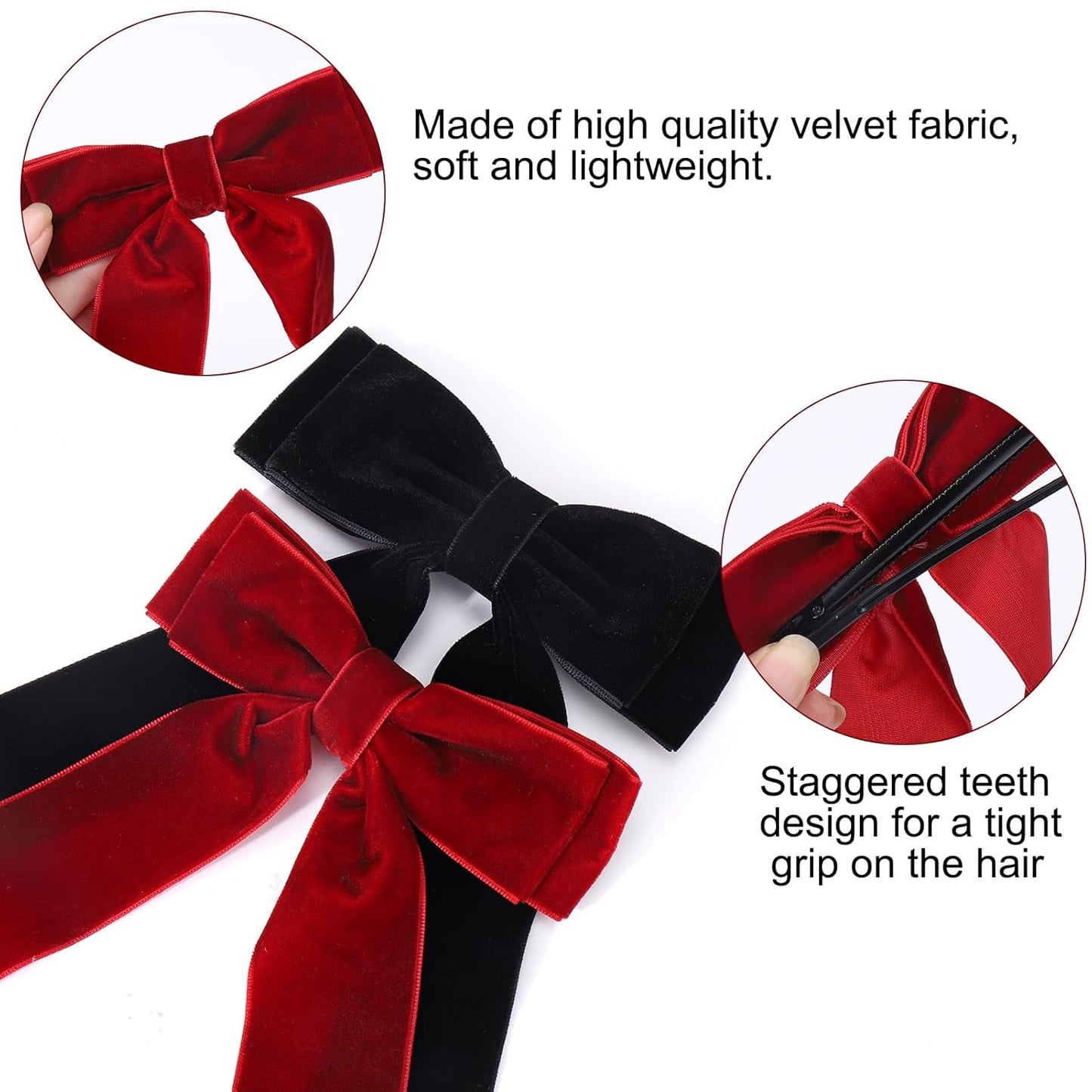 Velvet Hair Bows for Women Girls,3 PCS Black Red White Velvet Ribbon Bow Hair Clips with Long Tail,Hair Bows Barrettes for Thick Thin Hair,Nonslip Hair Accessories Christmas Birthday Gifts