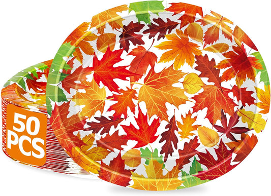 50 Pcs Thanksgiving Oval Plates, 12.2 × 10.2 Inches Thanksgiving Paper Plates, Disposable Autumn Dinnerware, Heavy Duty Maple Fall Paper Tableware for Harvest Party Supplies Decorations