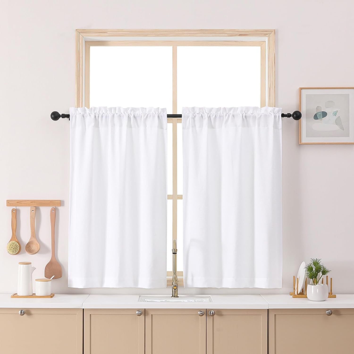 Chenille White Kitchen Curtains 36 Inch Length, Light Filtering Luxury Short Cafe Curtains, Velvet Rod Pocket Half Window Curtain for Bathroom Basement RV Camper, 30Wx36L Inch, 2PCS