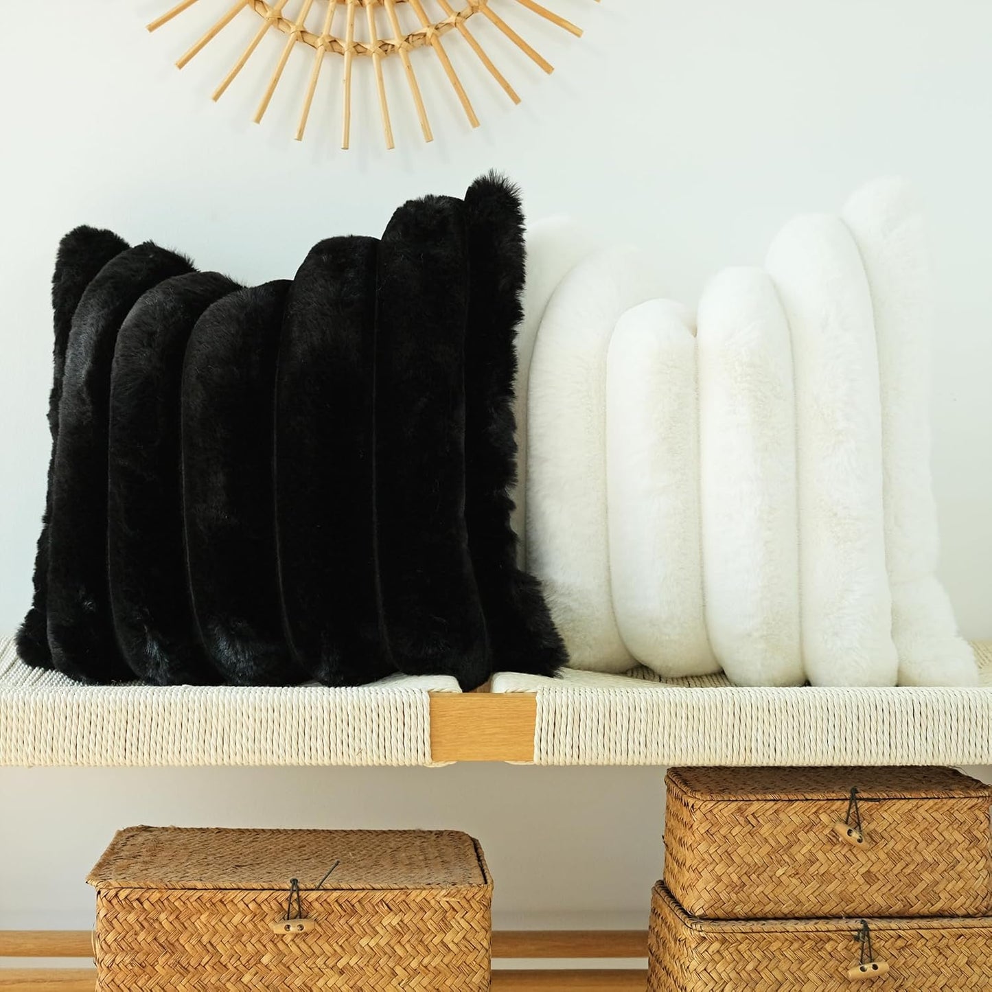 Pack of 2 Faux Fur Plush Decorative Throw Pillow Covers Couch Cushion Case Soft Fluffy Pillowcases Wide Stripe (Black, 18 X 18 Inch)