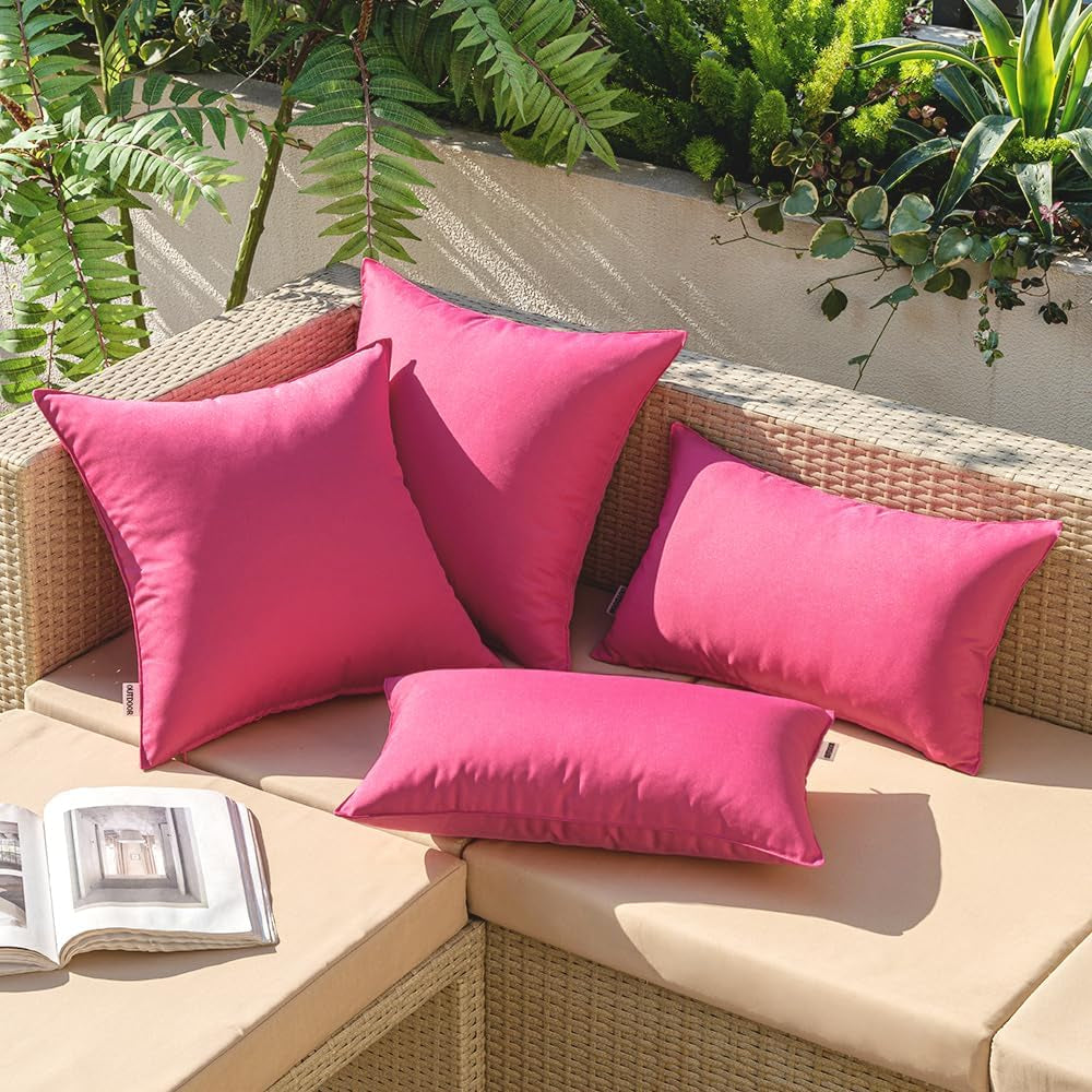 Pack of 2 Decorative Outdoor Waterproof Pillow Covers Square Garden Cushion Sham Throw Pillowcase Summer Shell for Patio Tent Couch 18X18 Inch Hot Pink
