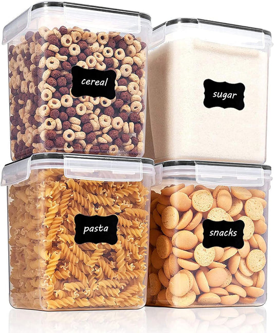 Food Storage Containers 2.5L / 84.5Oz, 4 Pieces BPA Free Plastic Airtight Canister for Flour, Sugar, Baking Supplies, with 4 Measuring Cups and 24 Labels, Black