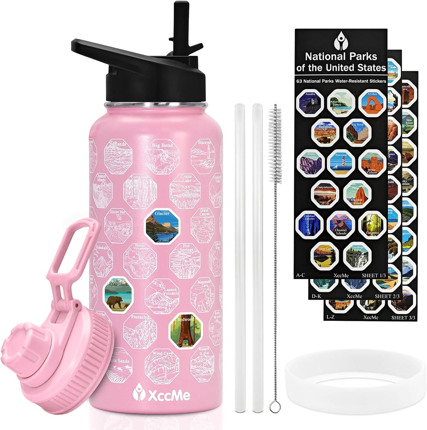 63 National Parks Water Bottle with Stickers,32 Oz Stainless Steel Insulated Water Bottle with Straw,2 Lids,Leak Proof Metal Water Bottle for Hiking,Travel,Sports,Camping,Wide Mouth Bottle