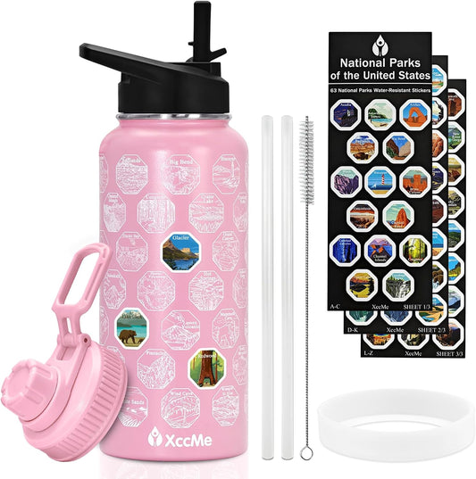 63 National Parks Water Bottle with Stickers,32 Oz Stainless Steel Insulated Water Bottle with Straw,2 Lids,Leak Proof Metal Water Bottle for Hiking,Travel,Sports,Camping,Wide Mouth Bottle