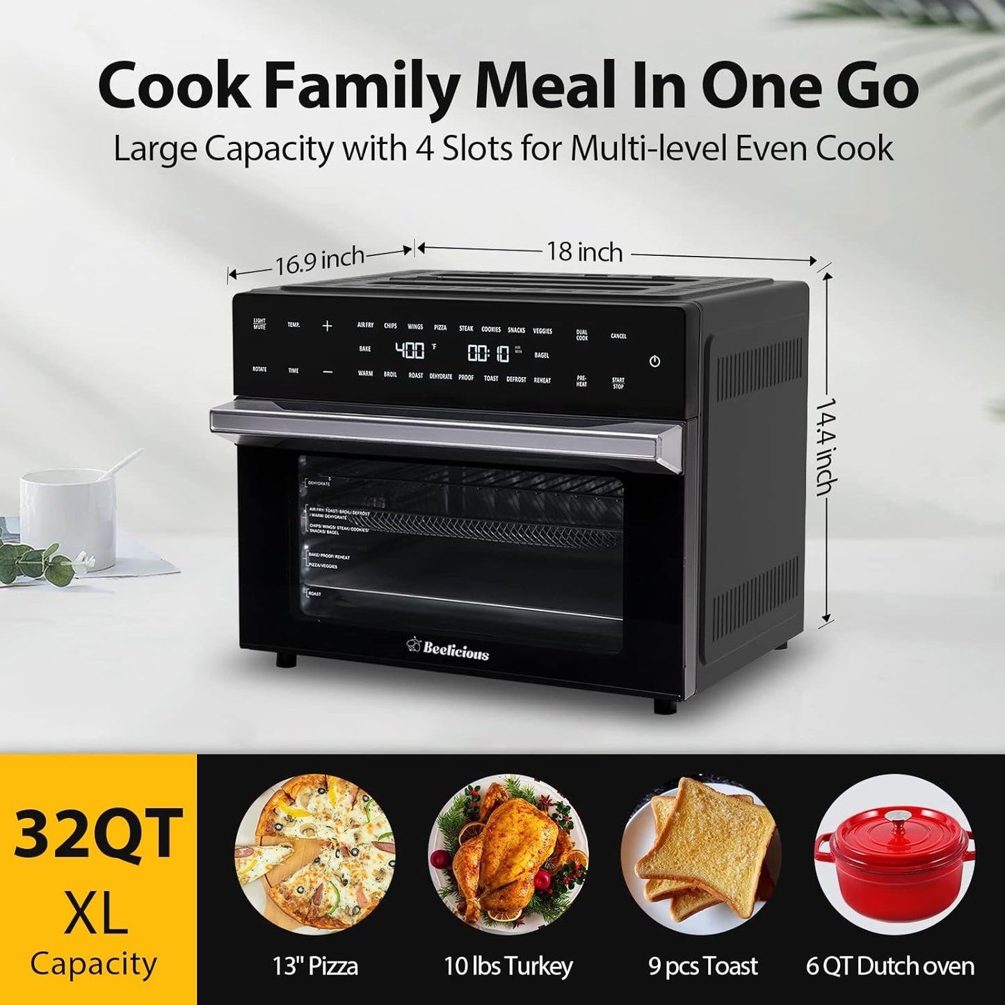 32QT Extra Large Air Fryer, 19-In-1 Air Fryer Toaster Oven Combo with Rotisserie and Dehydrator, Digital Convection Oven Countertop Airfryer Fit 13" Pizza, 6 Accessories, 1800W (Black)