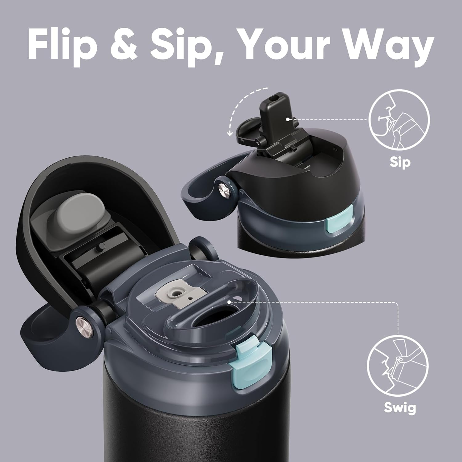 Insulated Stainless Steel Water Bottle with Straw - Leak Proof Sports Water Bottle for School, Travel, Keeps Cold All Day, One-Touch Flip Lid, Bpa-Free, 24 Oz, Charcoal Gray