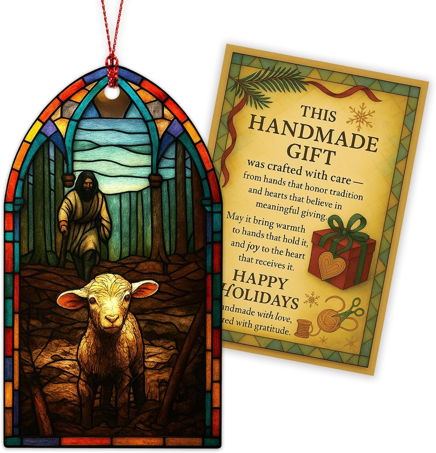 Religious Christmas Ornaments, Christian Tree Decor with Jesus & Lamb Suncatcher Effect, Jesus Ornaments, Christian Ornament, Baptism Gift for Women, Inspirational Holiday Hanging Ornament (Gothic)