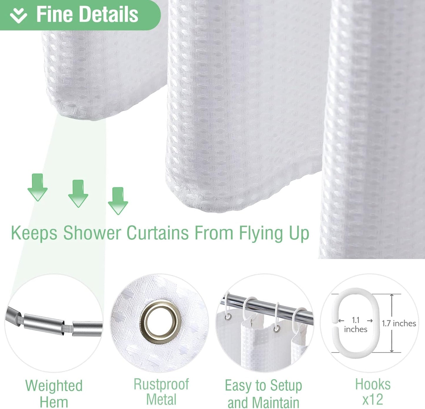 White Fabric Shower Curtain, Waffle Weave Heavy Duty Hotel Luxury Cloth Shower Curtains for Bathroom, 72 Inch 256GSM Weighted Bath Curtain Set with 12 Plastic Hooks,72X72
