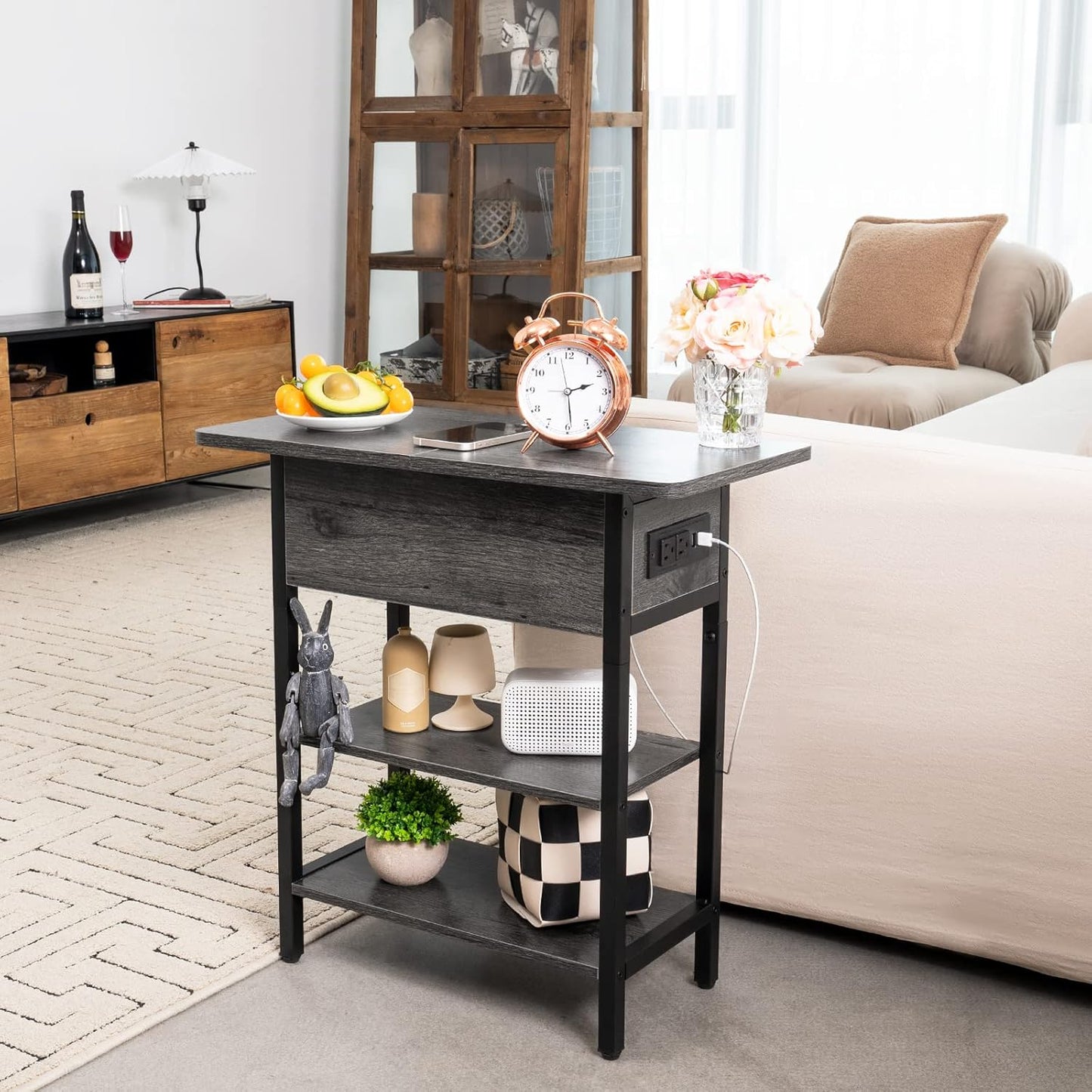 End Table with Charging Station, Flip Top Side Table with USB Ports and Outlets, Sofa Couch Table Bedside Table for Living Room Bedroom, Narrow Nightstand with Storage Shelves for Small Space