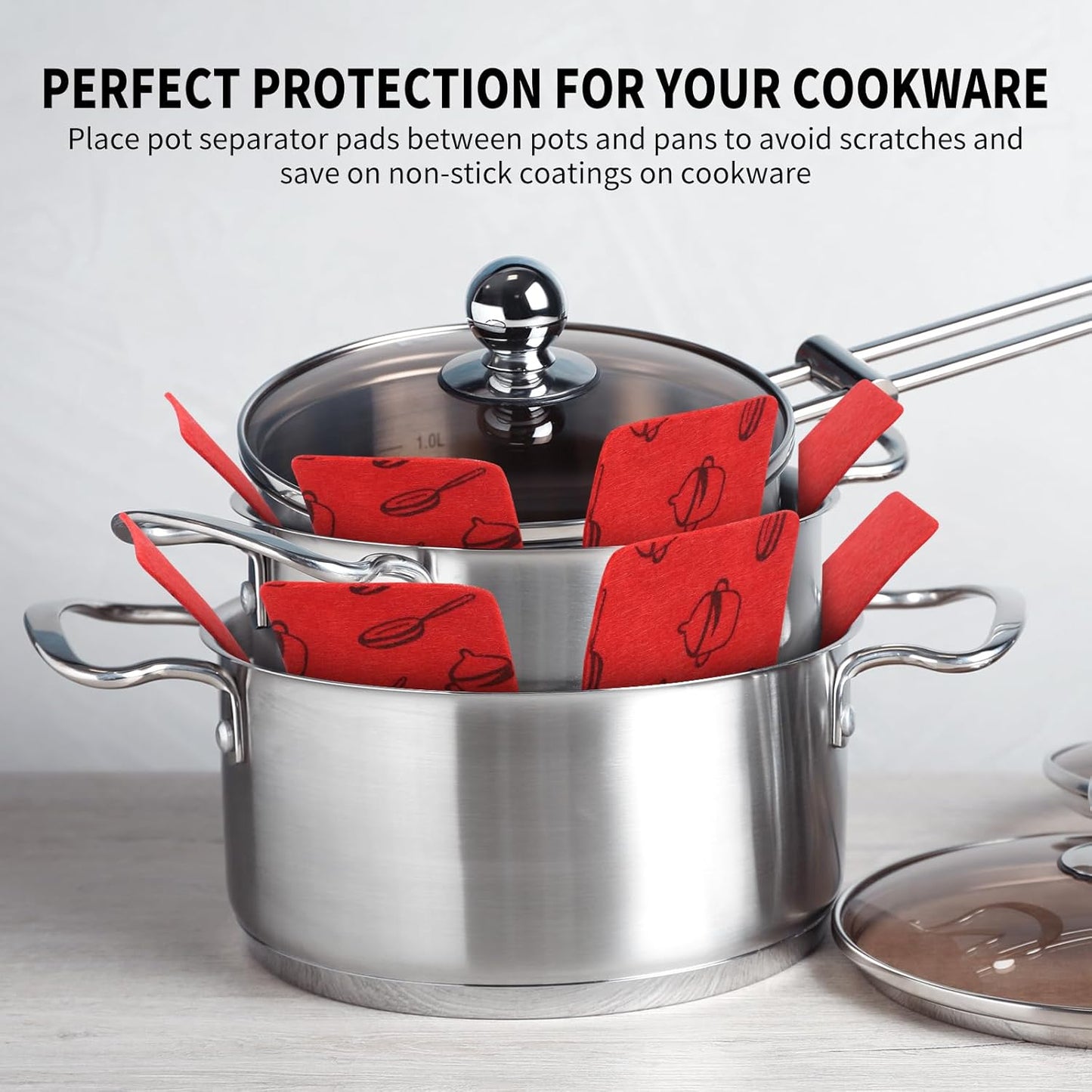 Pot and Pan Protectors, 6 Set (7.9" 11.8" 15"), Felt Cookware, Kitchenware Separators Protector for Stacking to Avoid Scratching Red