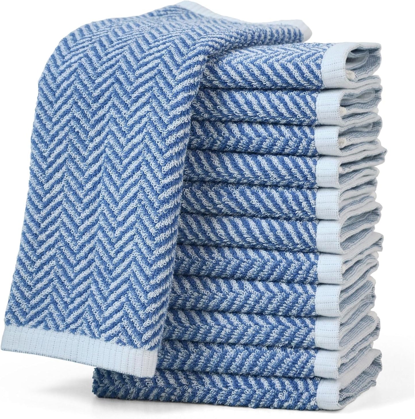 Wash Cloths for Your Face and Body, 12 Washcloths for Showering with Decorative Herringbone Stripes, 100% Cotton, Light Blue, 13 X 13 Inches